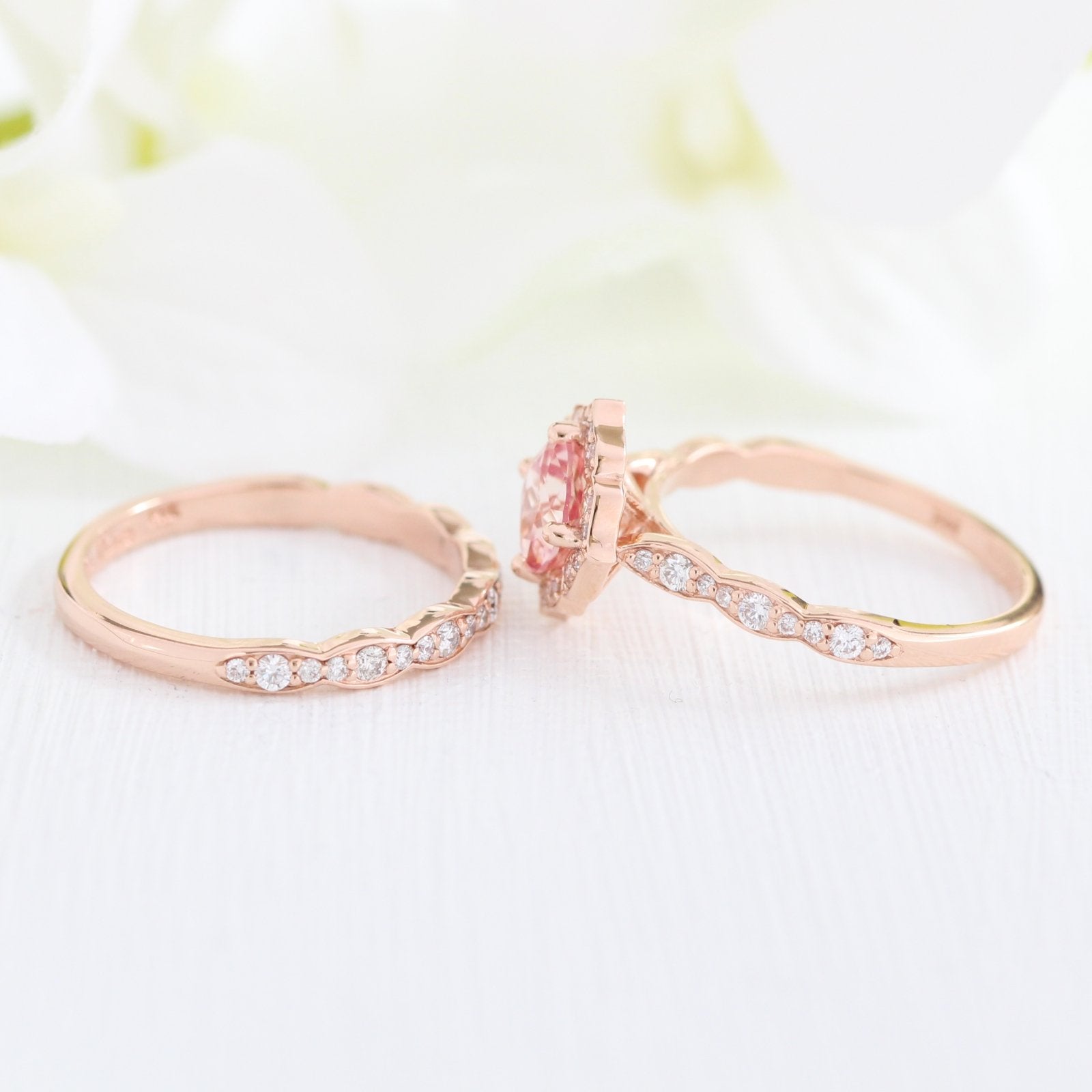 vintage inspired peach sapphire ring bridal set in rose gold diamond band by la more design