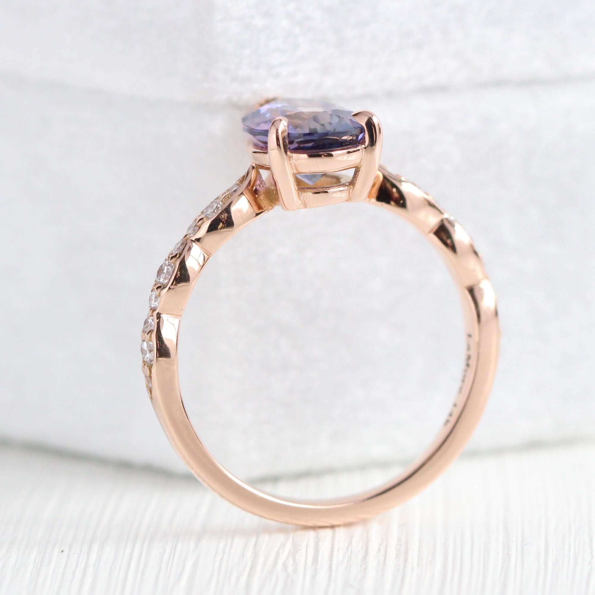 Rare blue and purple parti sapphire ring rose gold low set engagement ring la more design jewelry