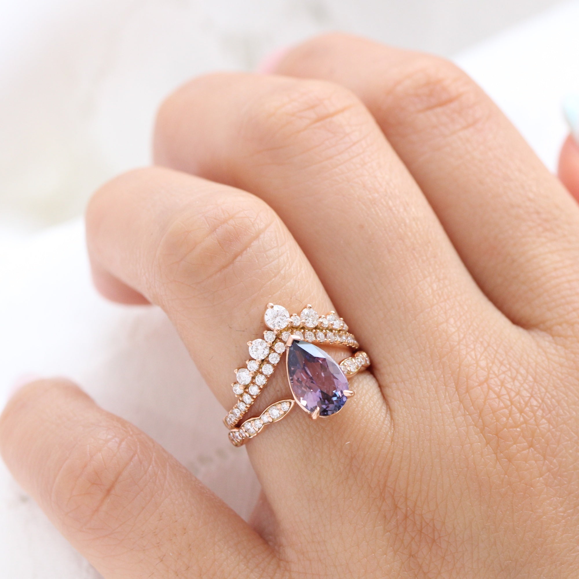 Rare blue and purple parti sapphire ring rose gold low set engagement ring la more design jewelry