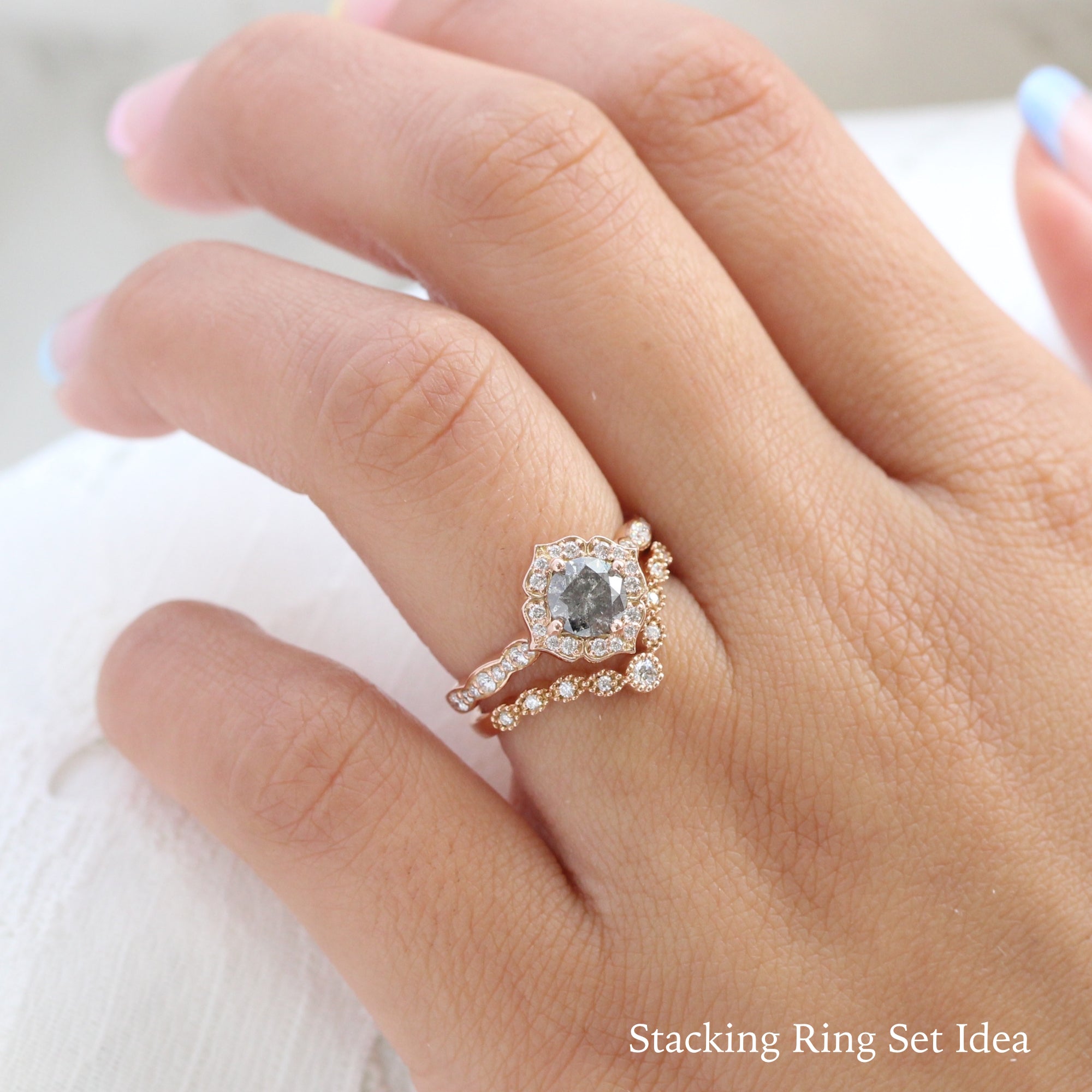 Natural Salt and Pepper Diamond Ring in Mini Vintage Floral Scalloped Band