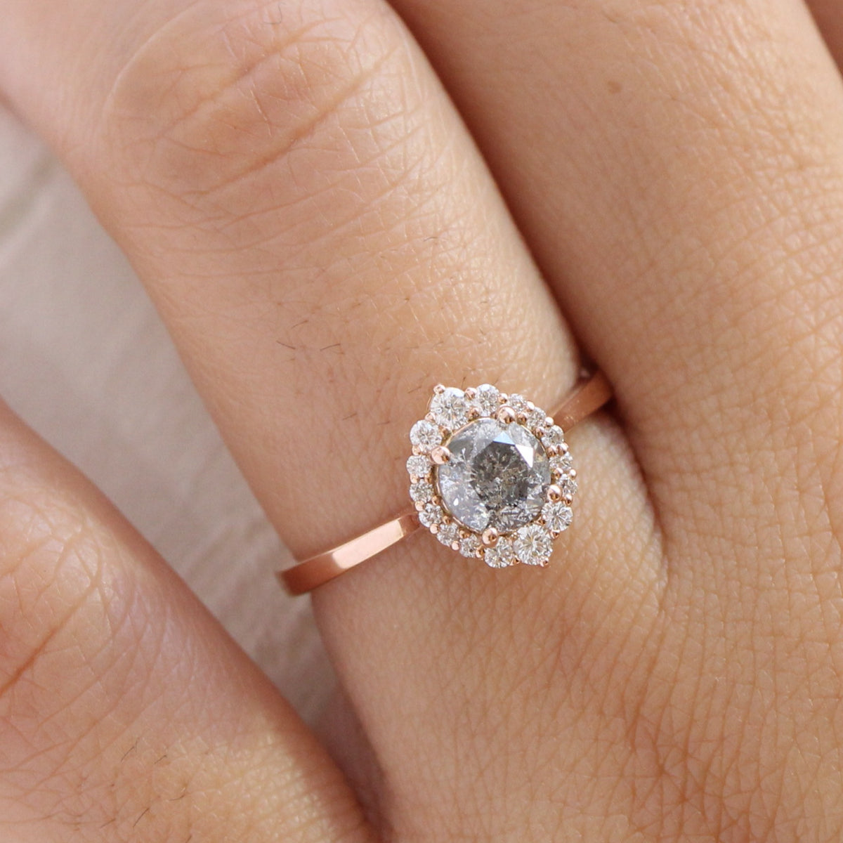 Salt and pepper diamond engagement ring rose gold grey diamond halo ring la more design jewelry