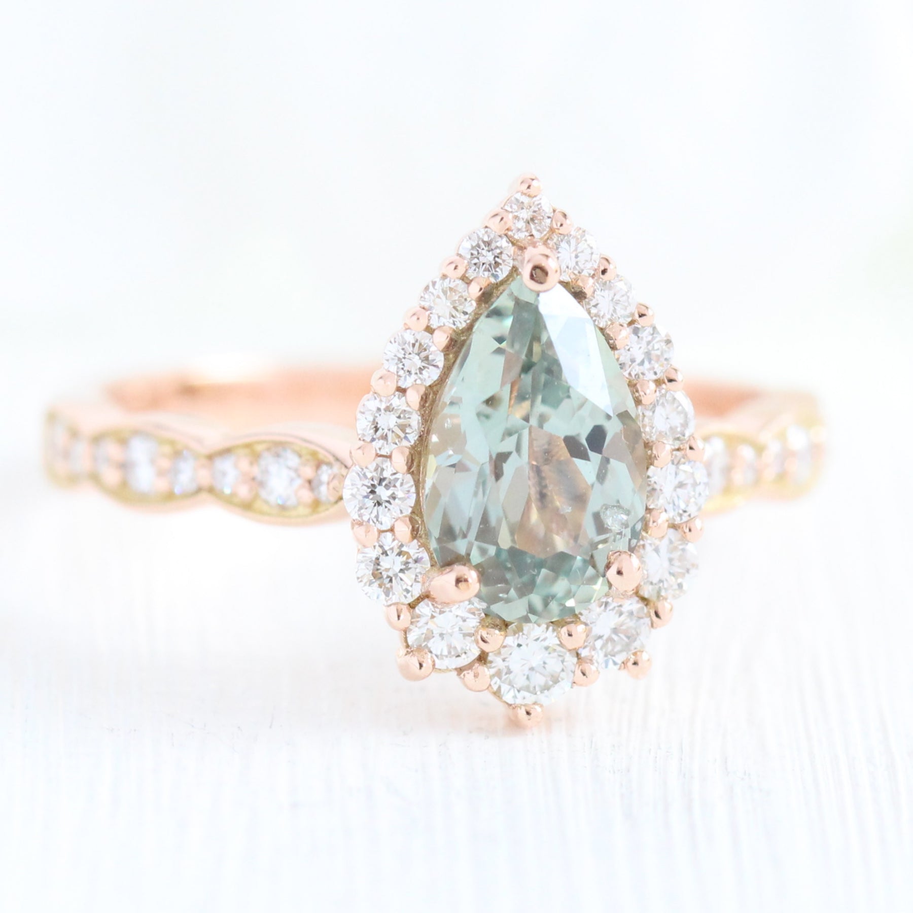 Sea Foam Green Sapphire Ring Rose Gold Halo Diamond Engagement Ring La More Design Jewelry