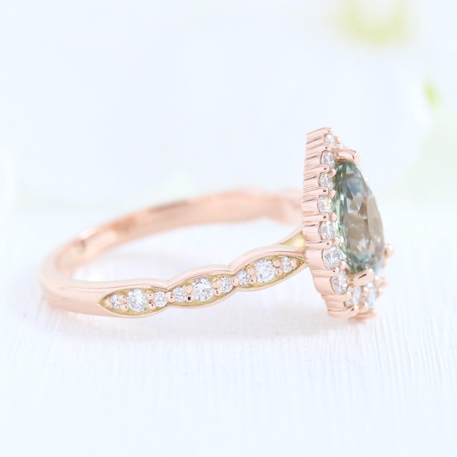 Sea Foam Green Sapphire Ring Rose Gold Halo Diamond Engagement Ring La More Design Jewelry