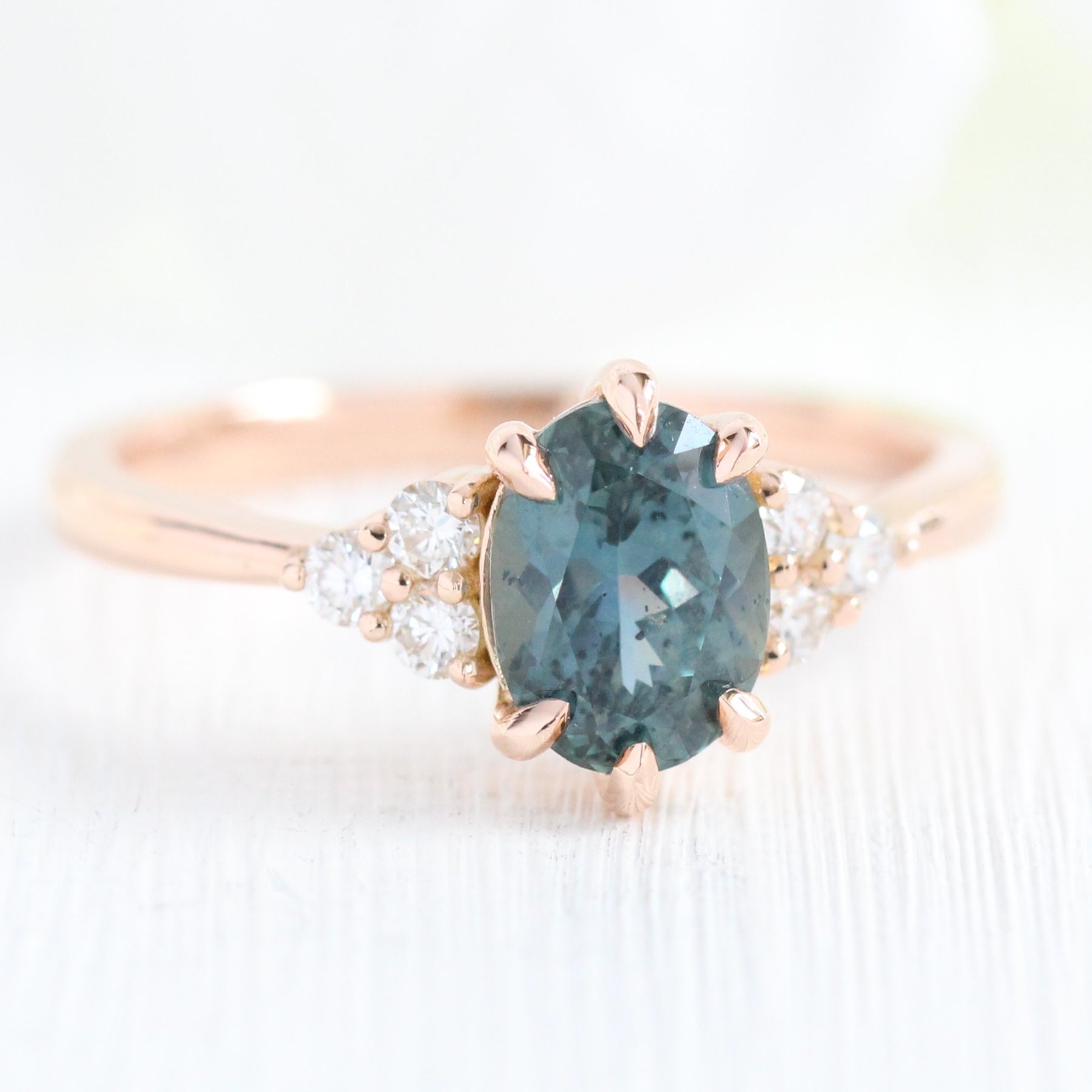 Teal Sapphire Ring Rose Gold 3 Stone Diamond Engagement Ring La More Design Jewelry