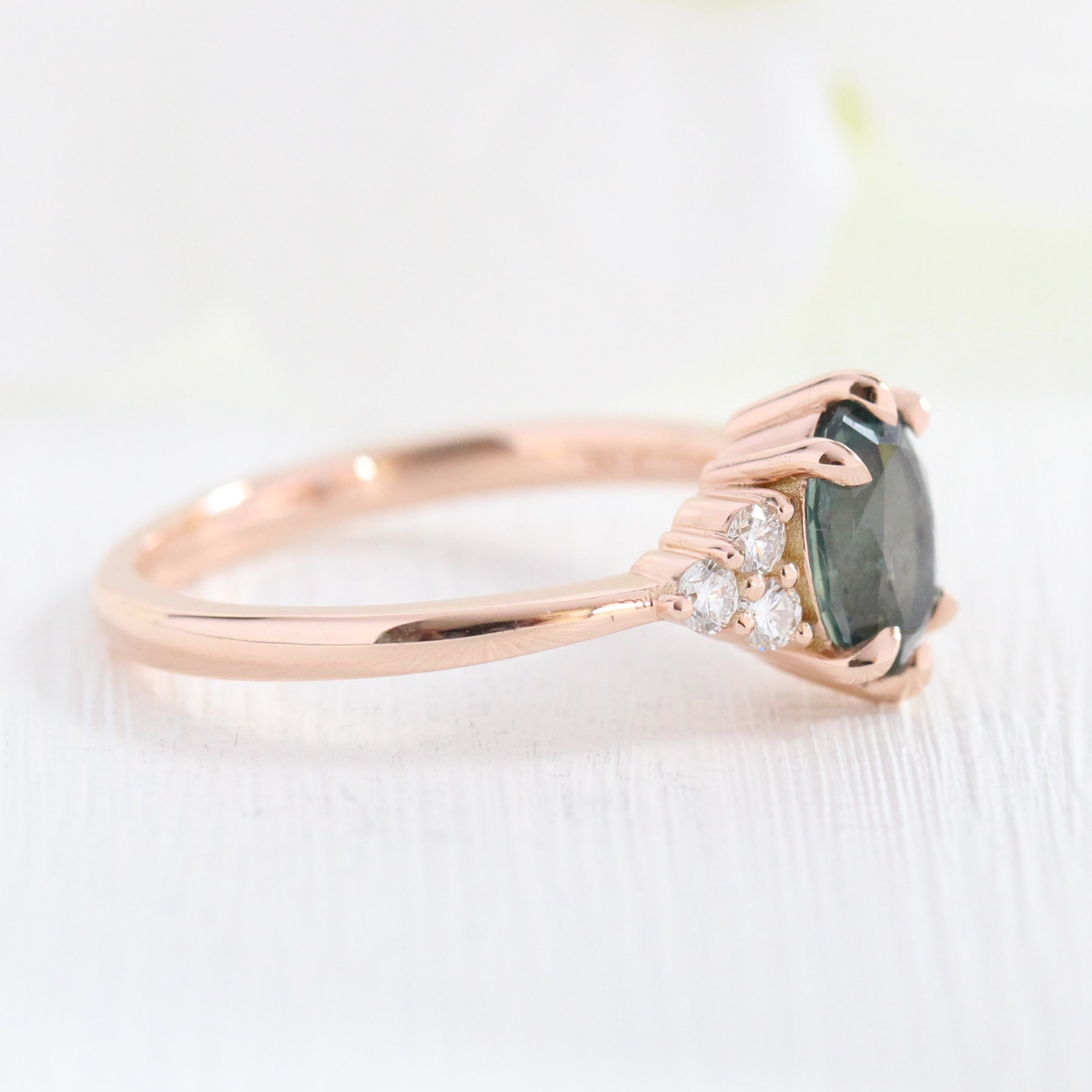 Teal Sapphire Ring Rose Gold 3 Stone Diamond Engagement Ring La More Design Jewelry