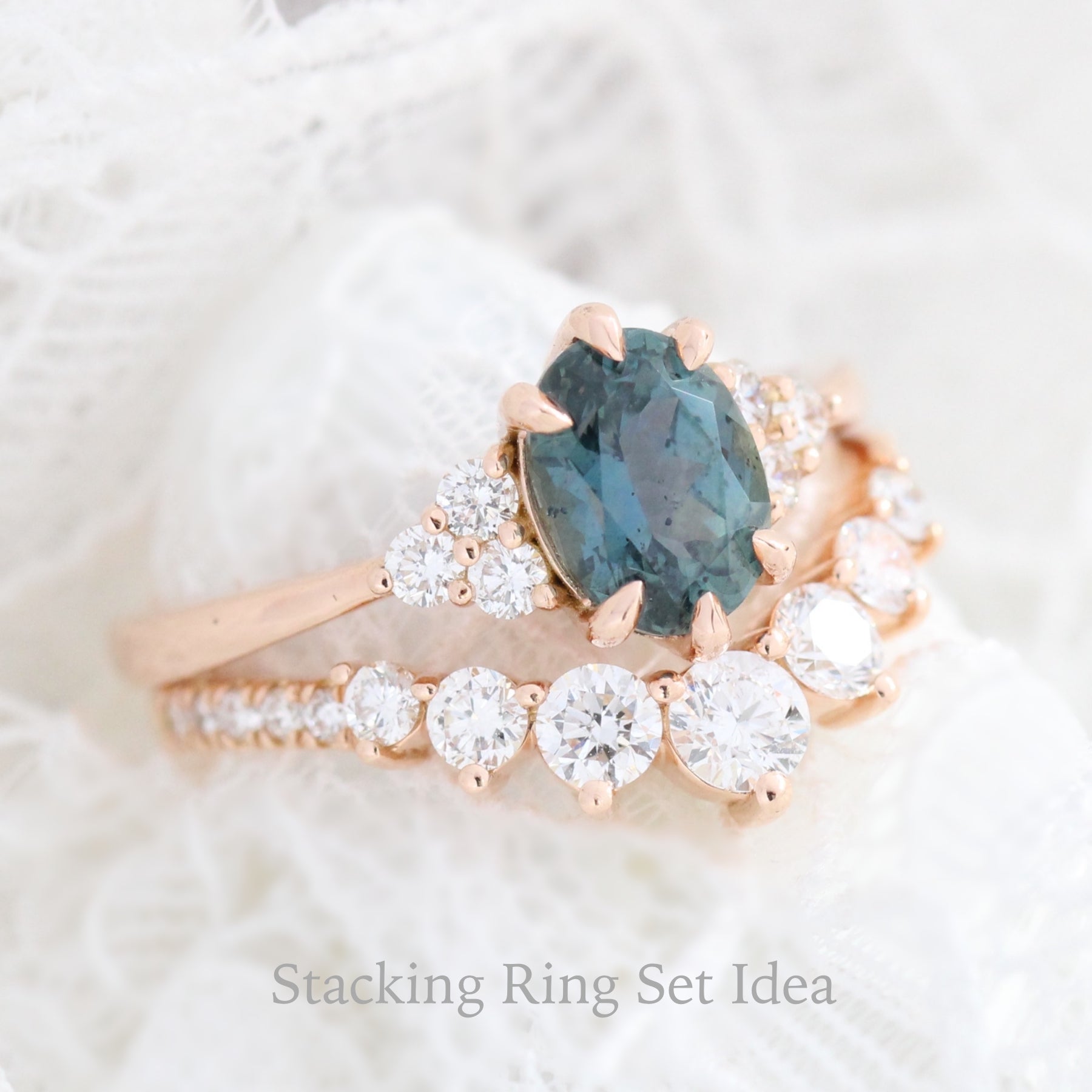 Teal Sapphire Ring Rose Gold 3 Stone Diamond Engagement Ring La More Design Jewelry