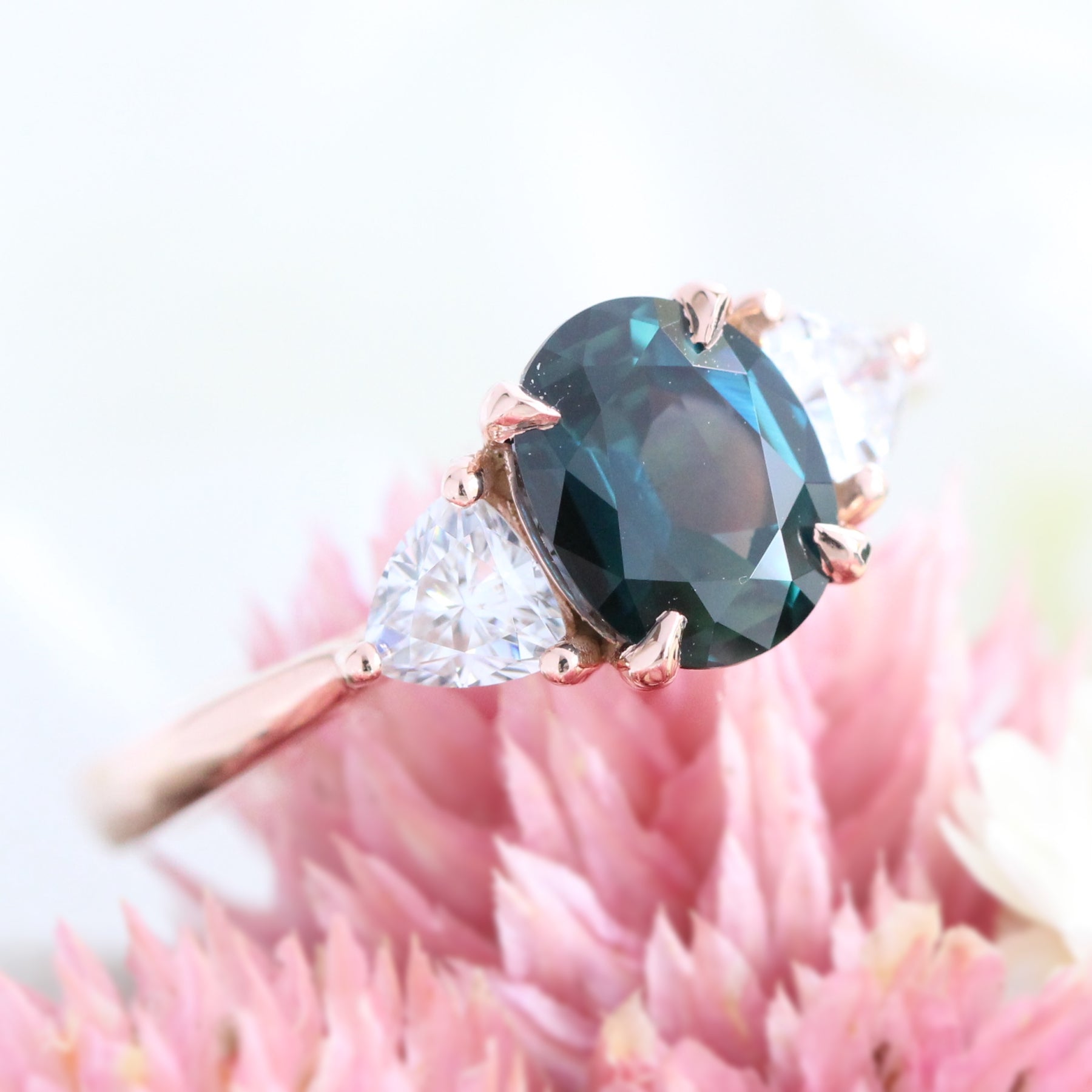 Teal green sapphire engagement ring rose gold low profile 3 stone ring la more design jewelry