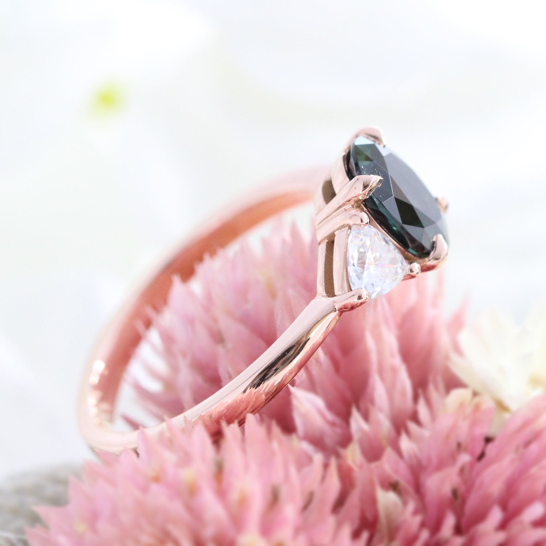 Teal green sapphire engagement ring rose gold low profile 3 stone ring la more design jewelry