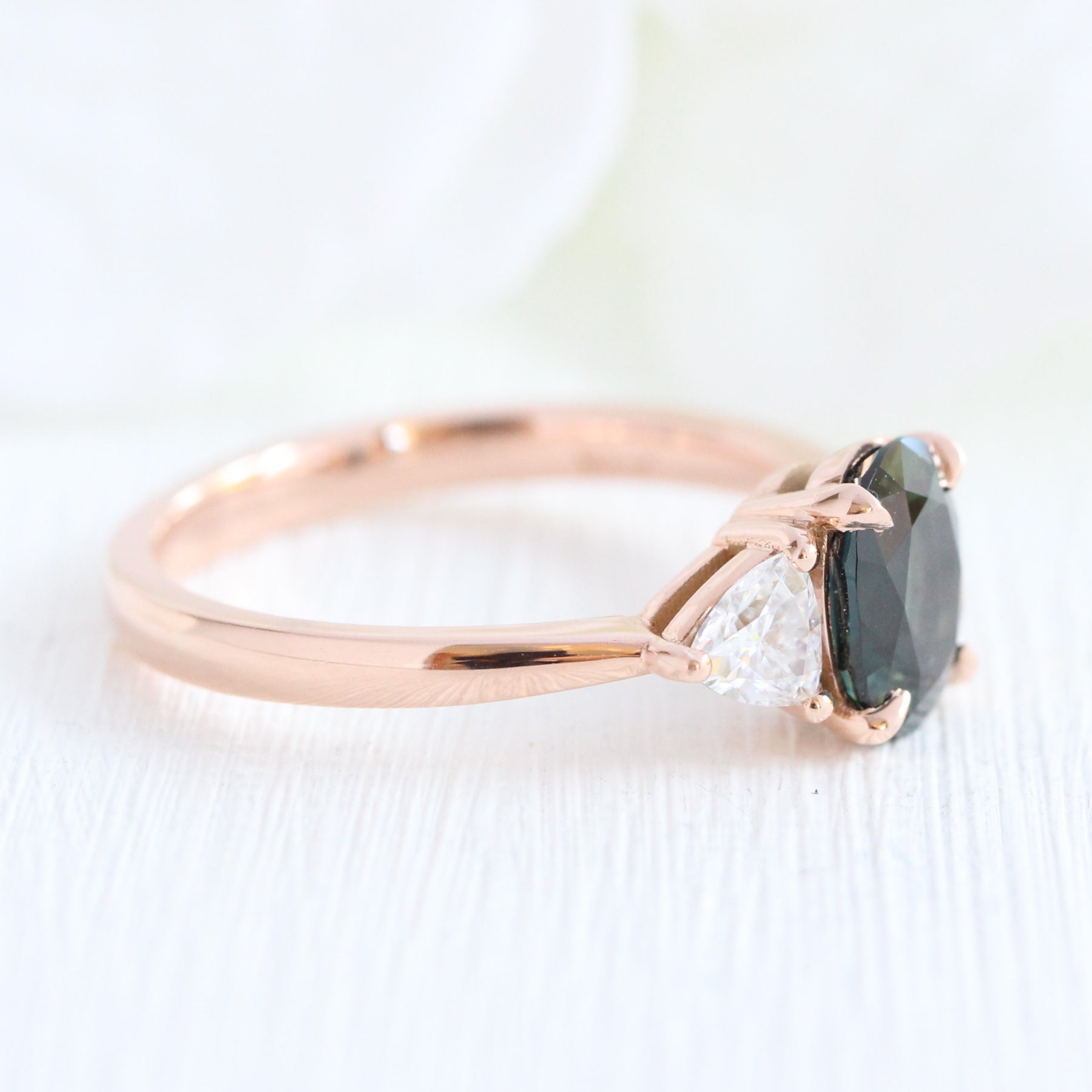 Teal green sapphire engagement ring rose gold low profile 3 stone ring la more design jewelry