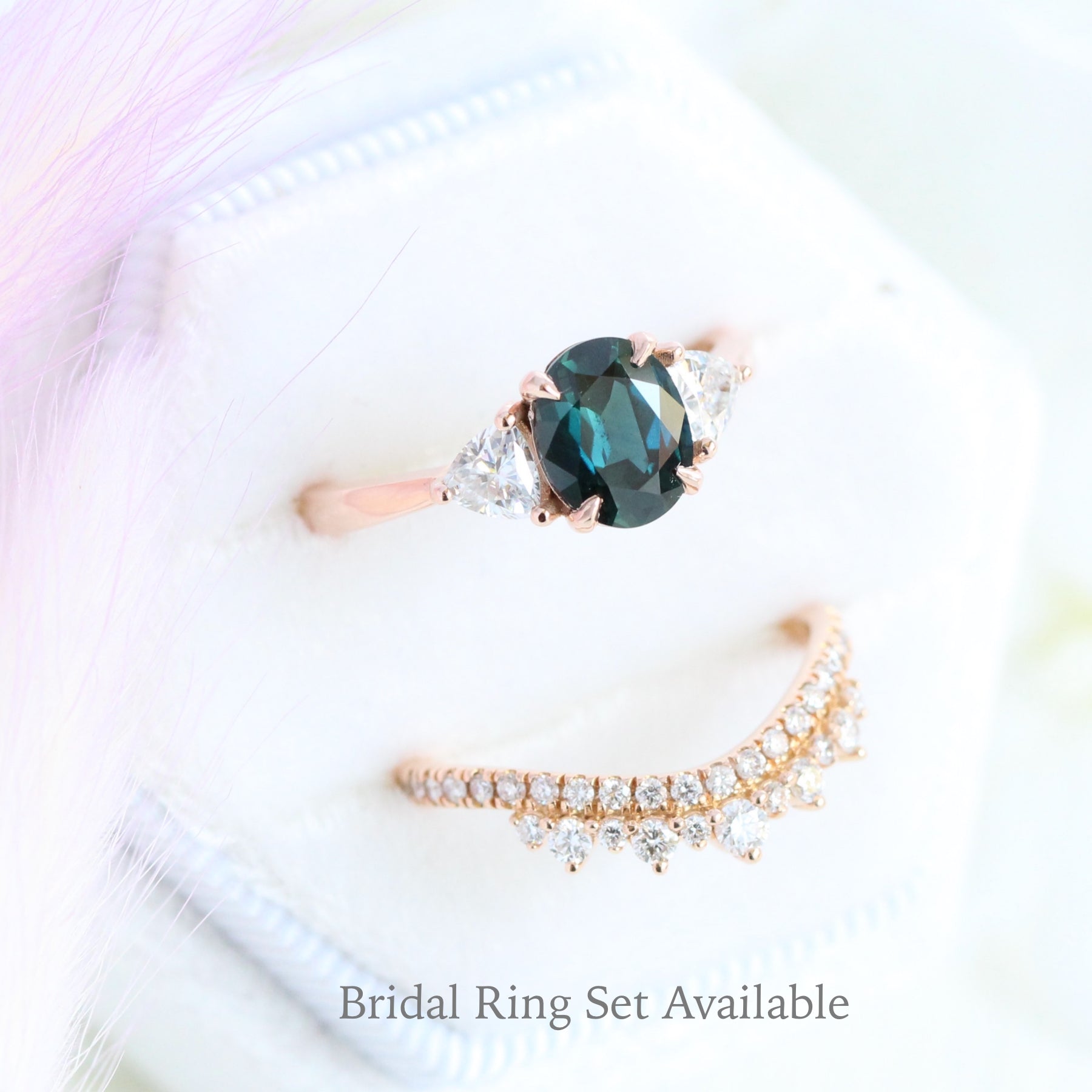 Teal green sapphire engagement ring rose gold low profile 3 stone ring la more design jewelry