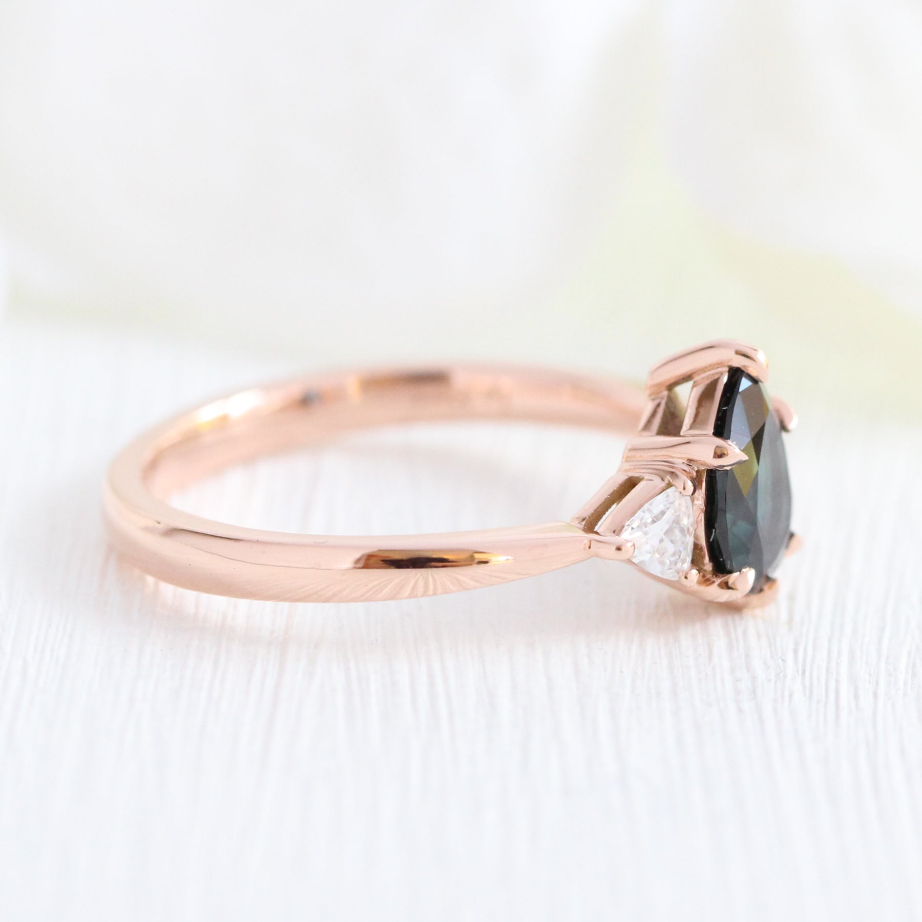 Teal green sapphire engagement ring rose gold per cut 3 stone ring la more design jewelry