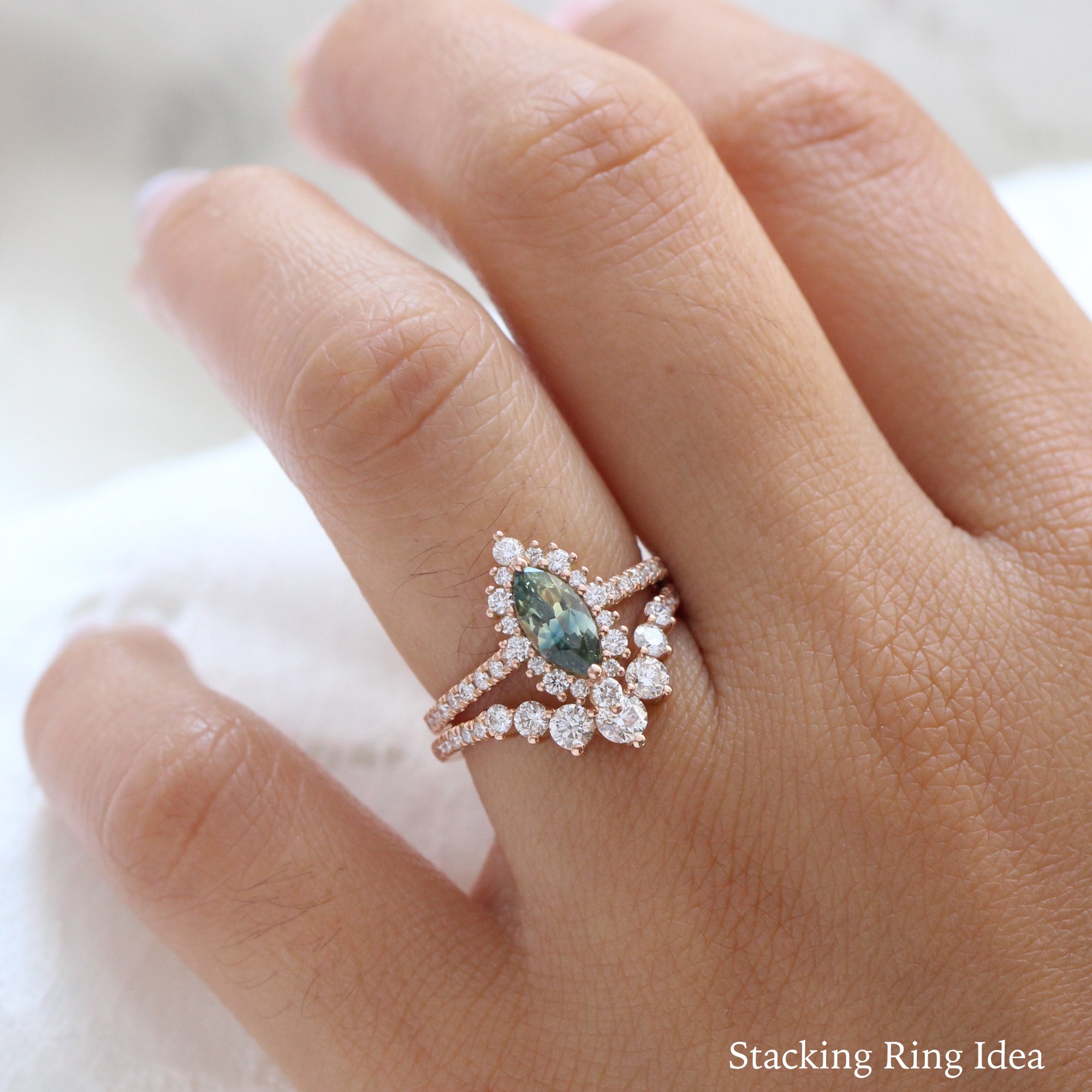 Teal green sapphire ring rose gold halo diamond marquise engagement ring la more design jewelry