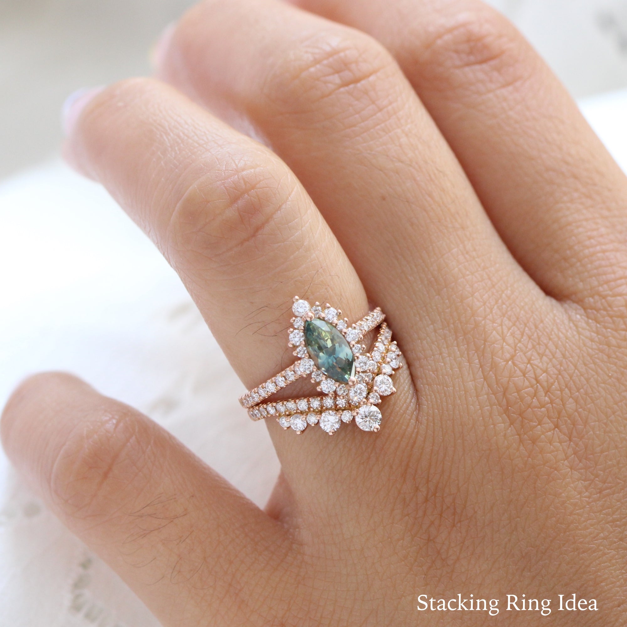 Teal green sapphire ring rose gold halo diamond marquise engagement ring la more design jewelry