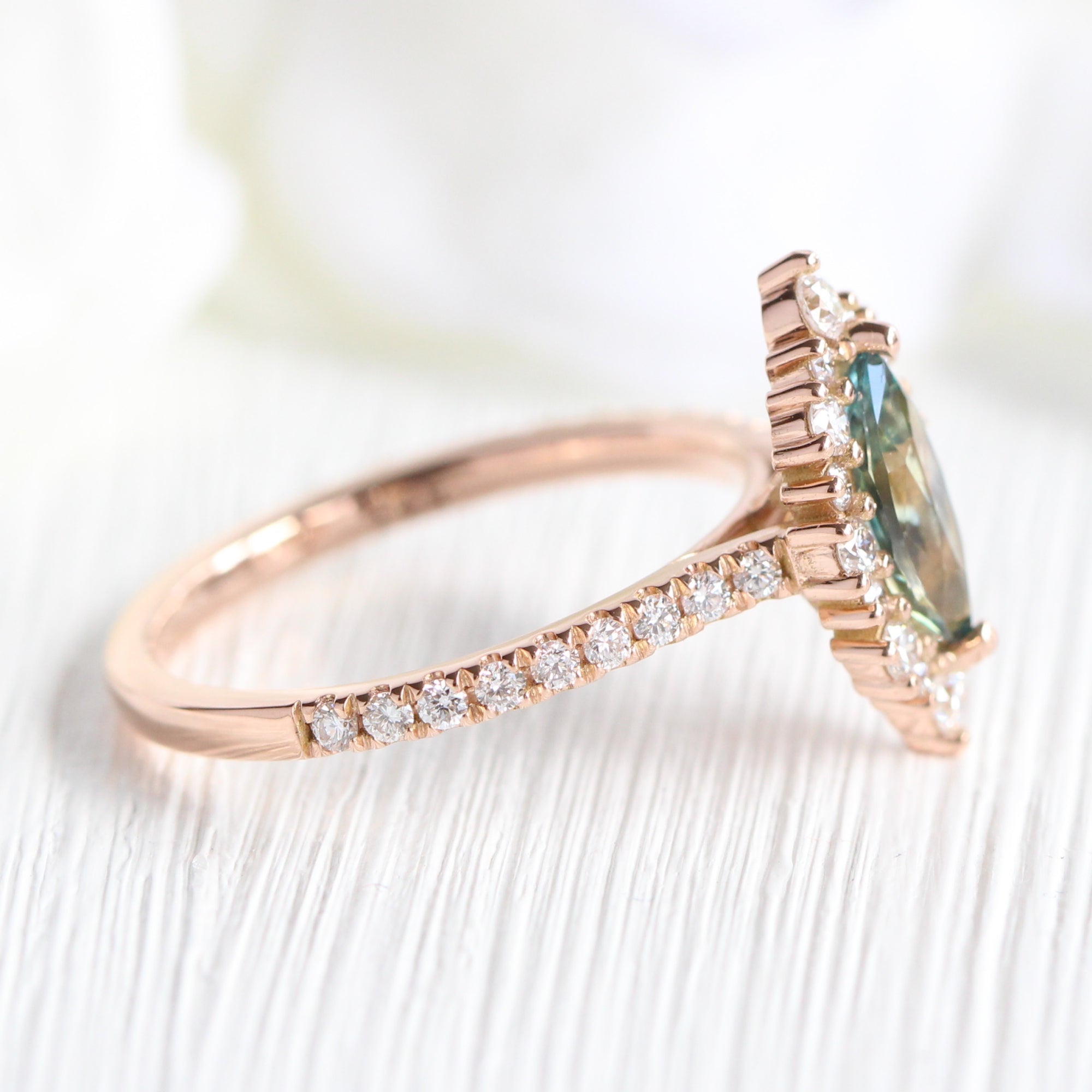 Teal green sapphire ring rose gold halo diamond marquise engagement ring la more design jewelry