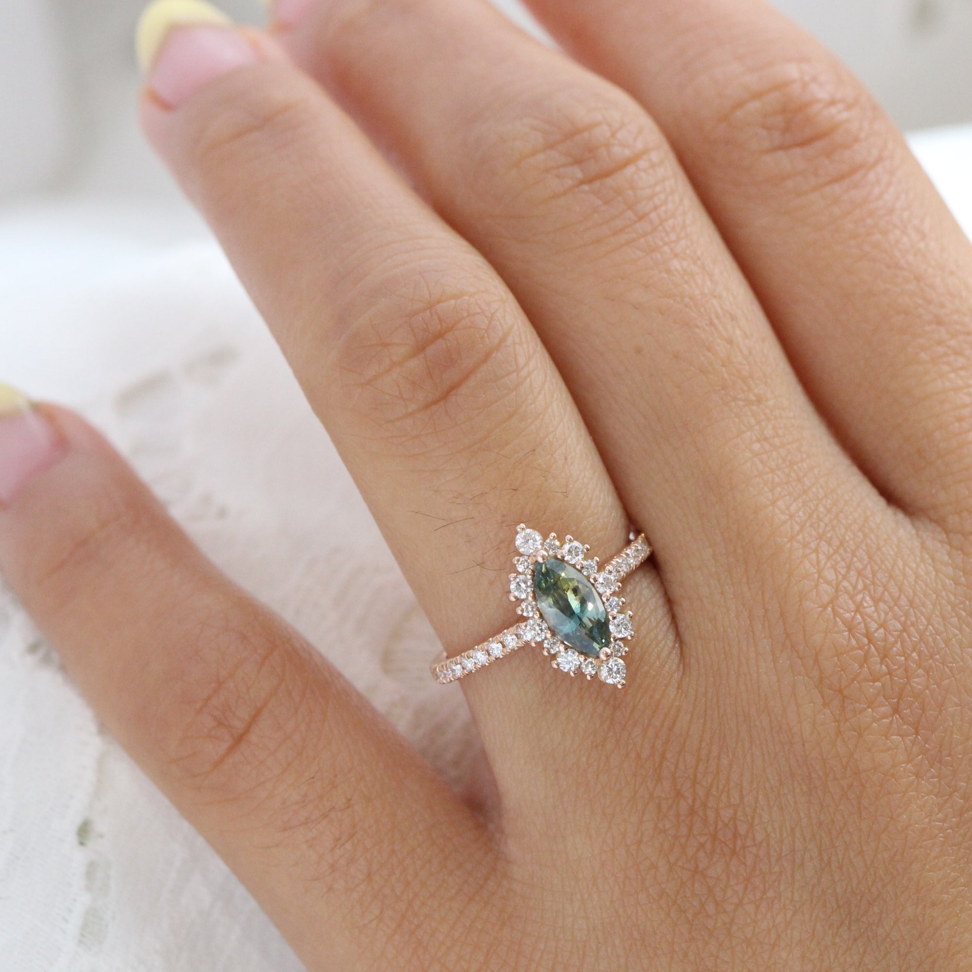 Teal green sapphire ring rose gold halo diamond marquise engagement ring la more design jewelry