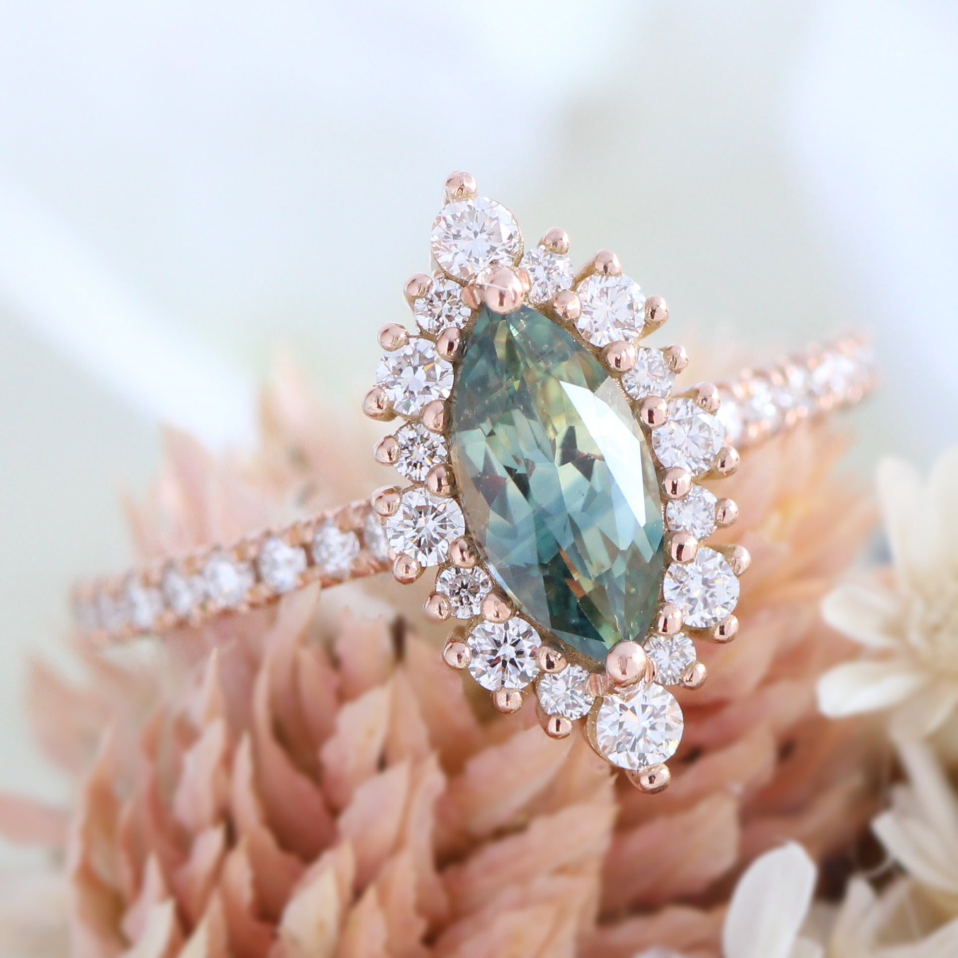 Teal green sapphire ring rose gold halo diamond marquise engagement ring la more design jewelry