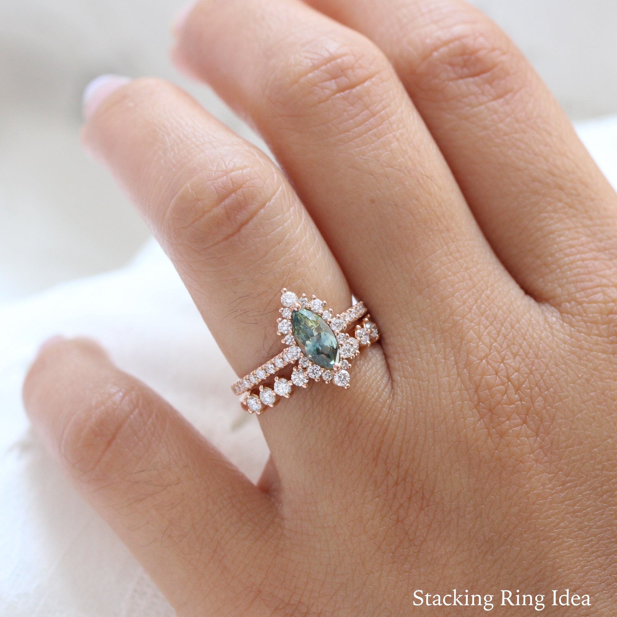 Teal green sapphire ring rose gold halo diamond marquise engagement ring la more design jewelry