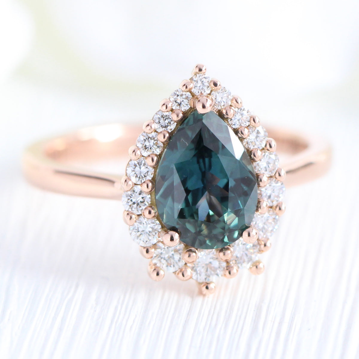 Teal green sapphire ring rose gold halo diamond pear engagement ring la more design jewelry