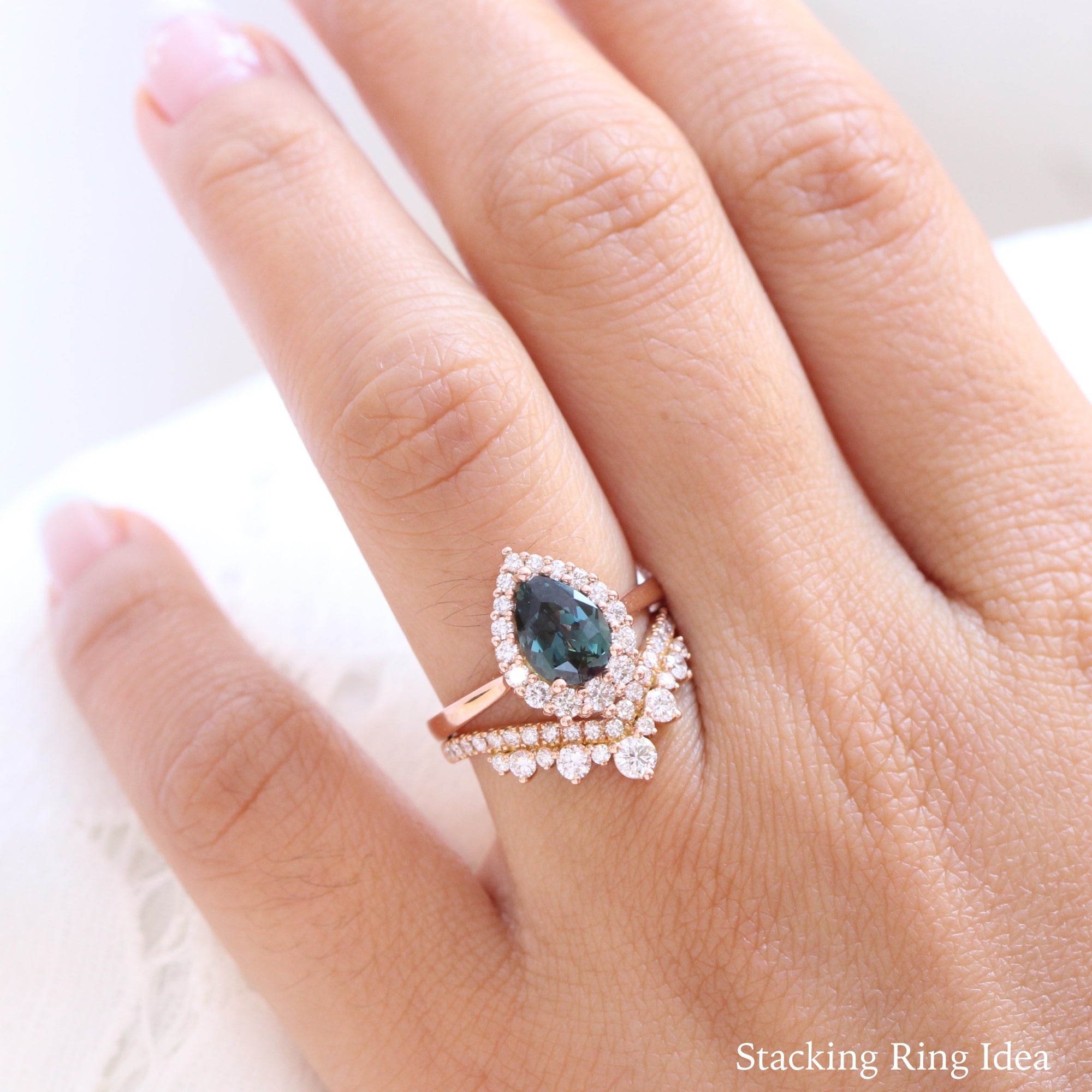 Teal green sapphire ring rose gold halo diamond pear engagement ring la more design jewelry