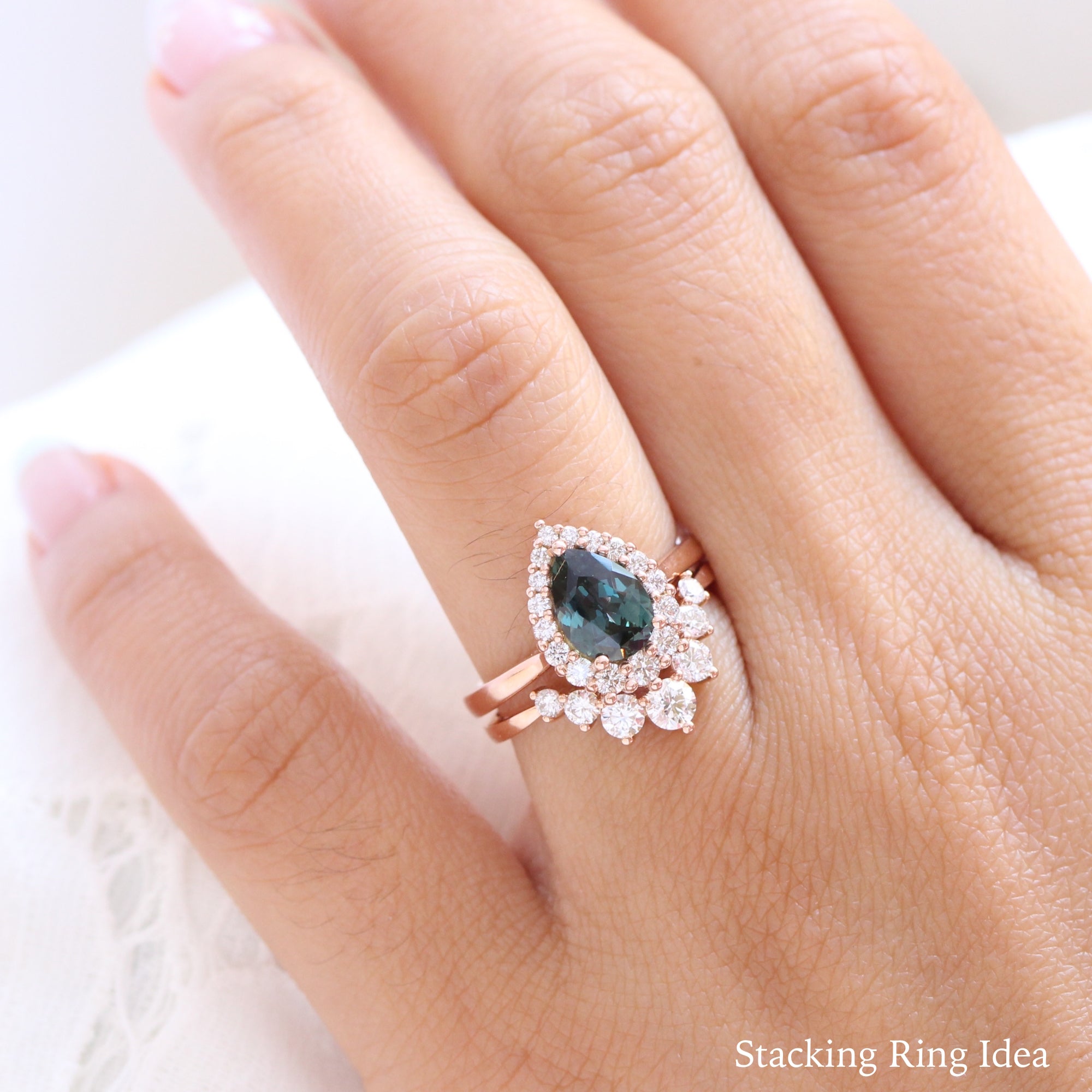 Teal green sapphire ring rose gold halo diamond pear engagement ring la more design jewelry