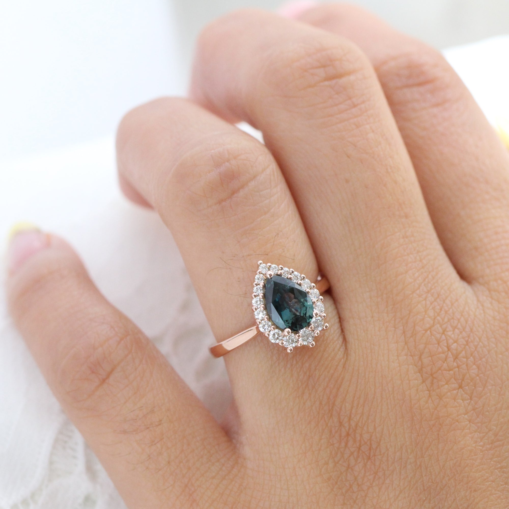 Teal green sapphire ring rose gold halo diamond pear engagement ring la more design jewelry