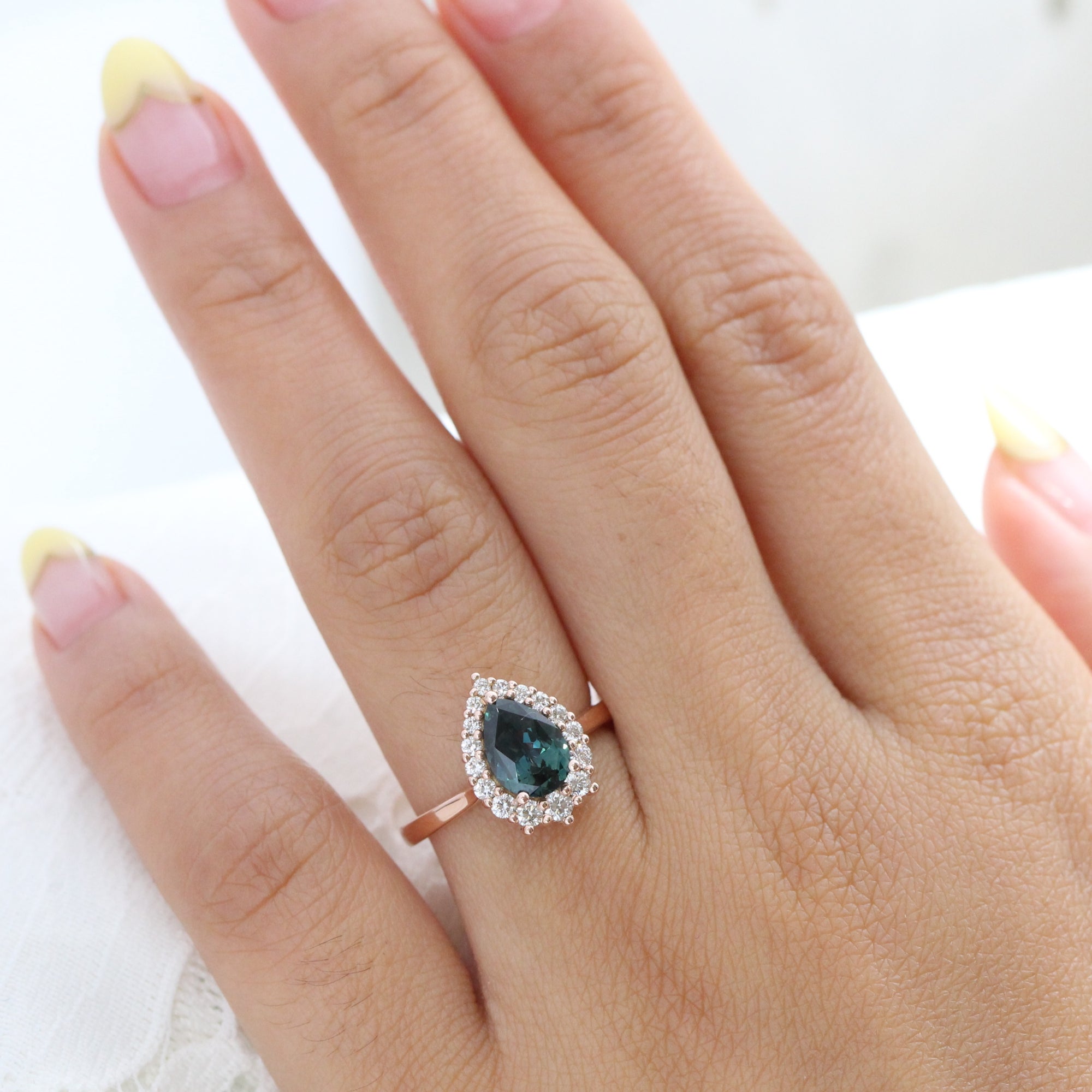 Teal green sapphire ring rose gold halo diamond pear engagement ring la more design jewelry