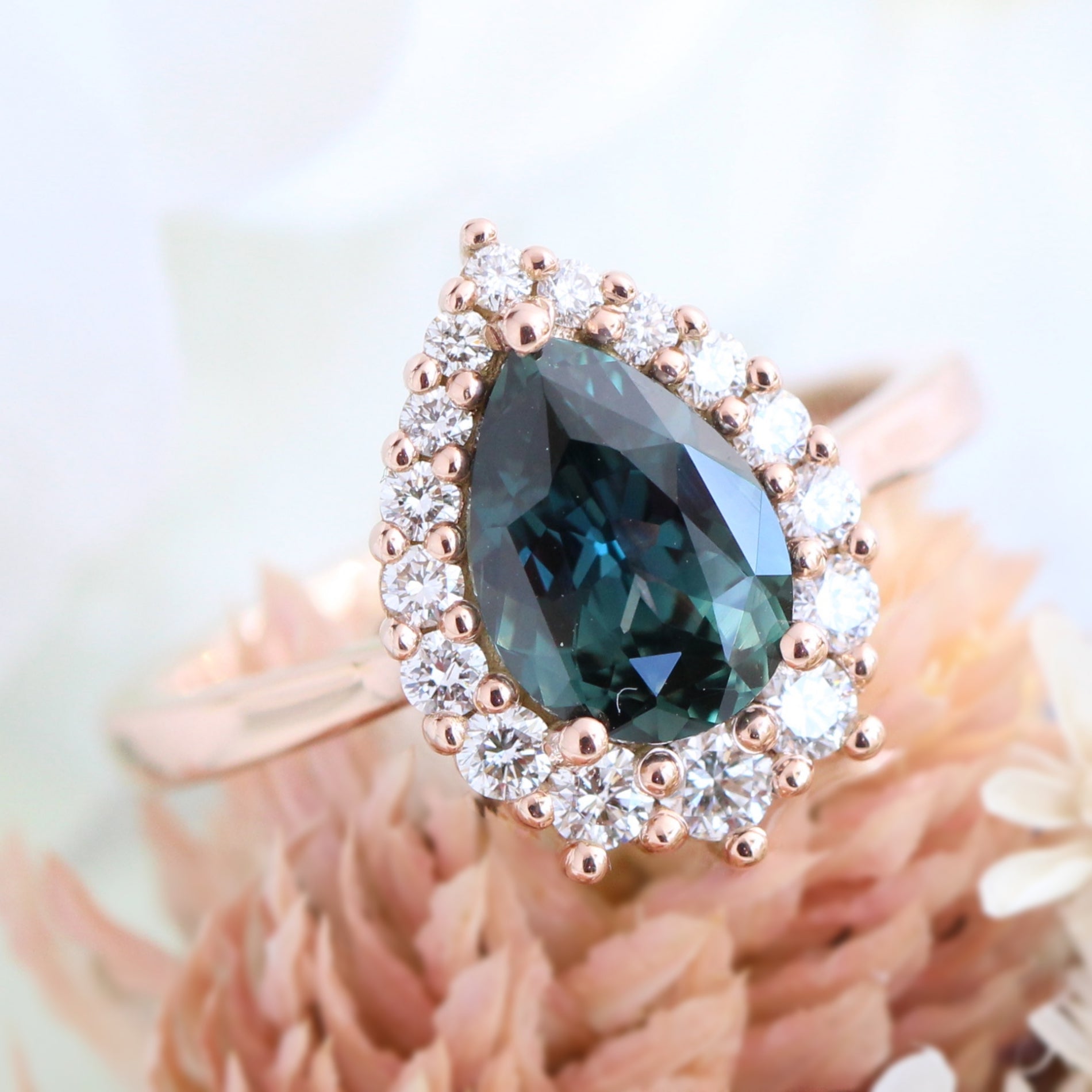 Teal green sapphire ring rose gold halo diamond pear engagement ring la more design jewelry