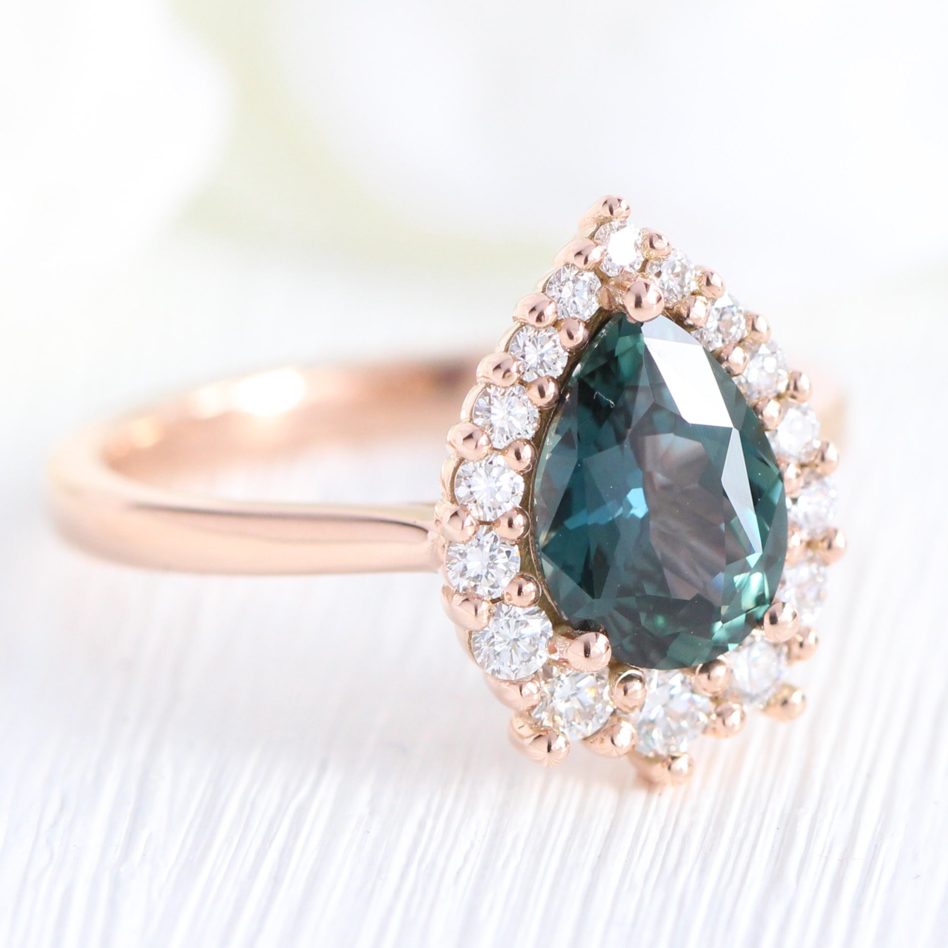 Teal green sapphire ring rose gold halo diamond pear engagement ring la more design jewelry