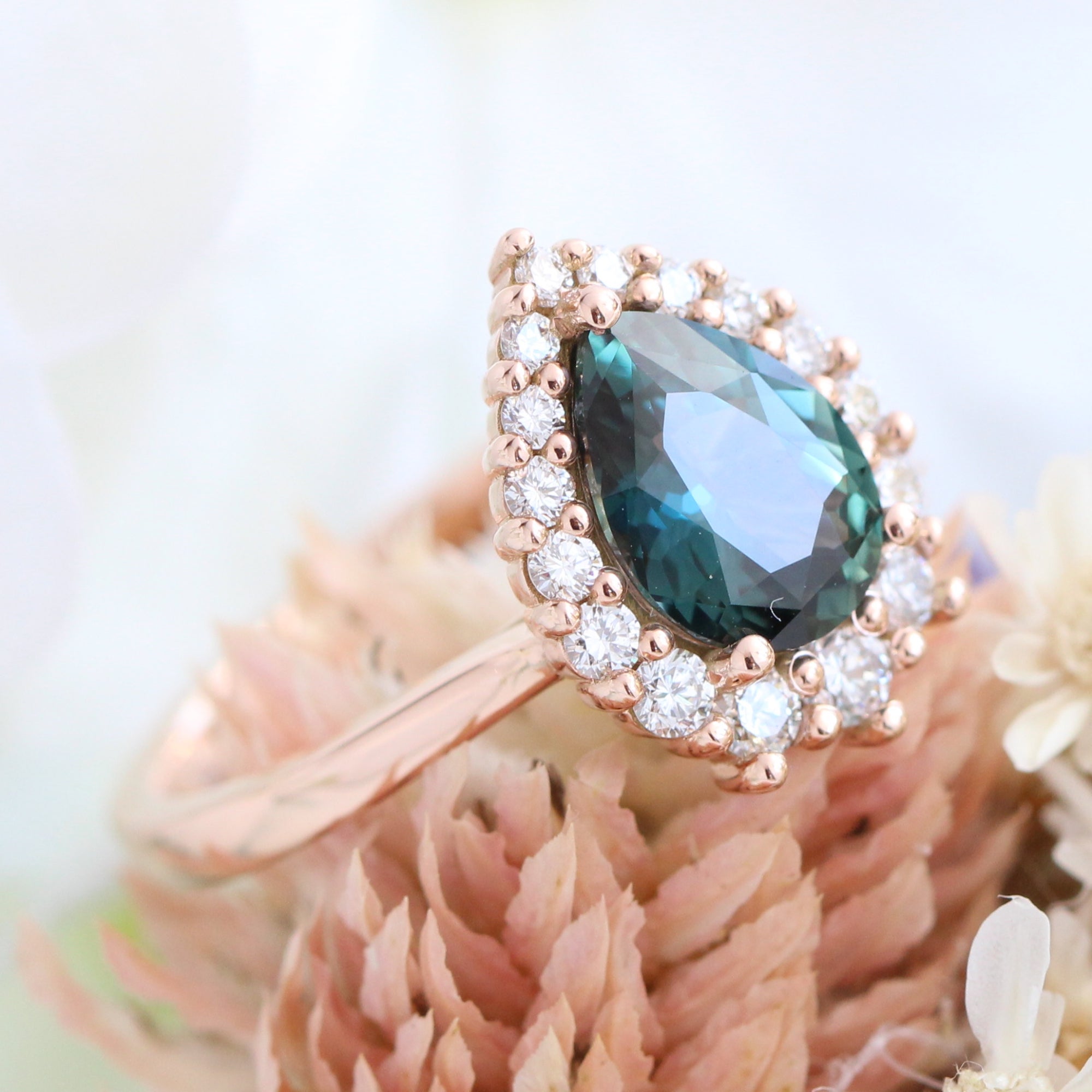 Teal green sapphire ring rose gold halo diamond pear engagement ring la more design jewelry