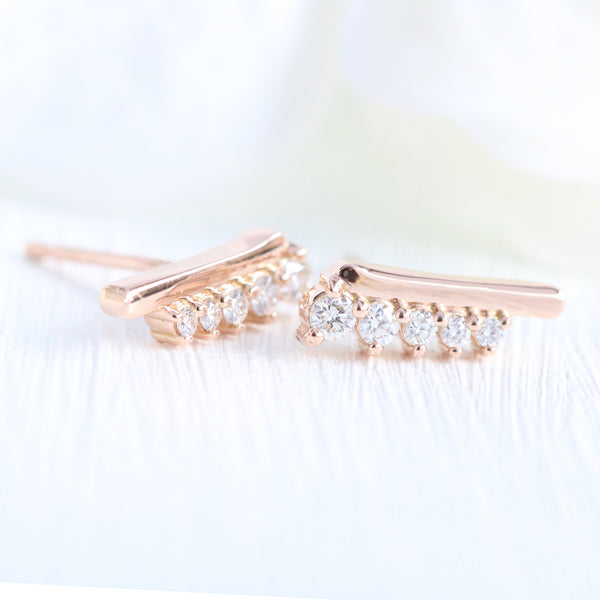 Large Diamond Earrings Rose Gold Stud Earrings Curved Crawler Earrings