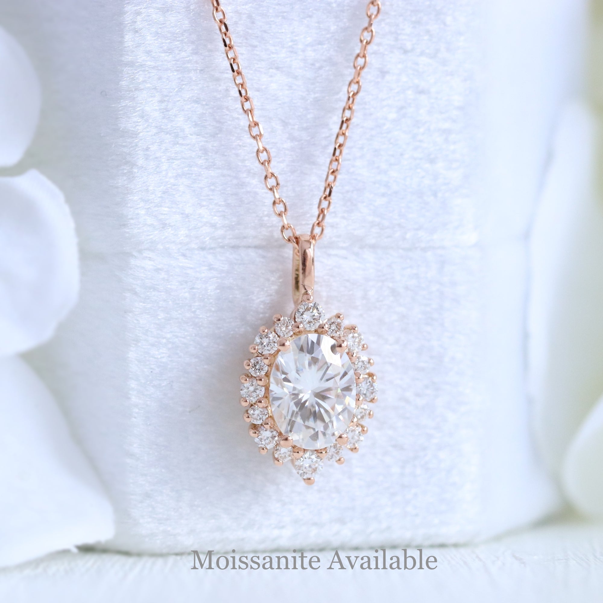 Tiara halo diamond oval moissanite pendant rose gold drop necklace la more design jewelry