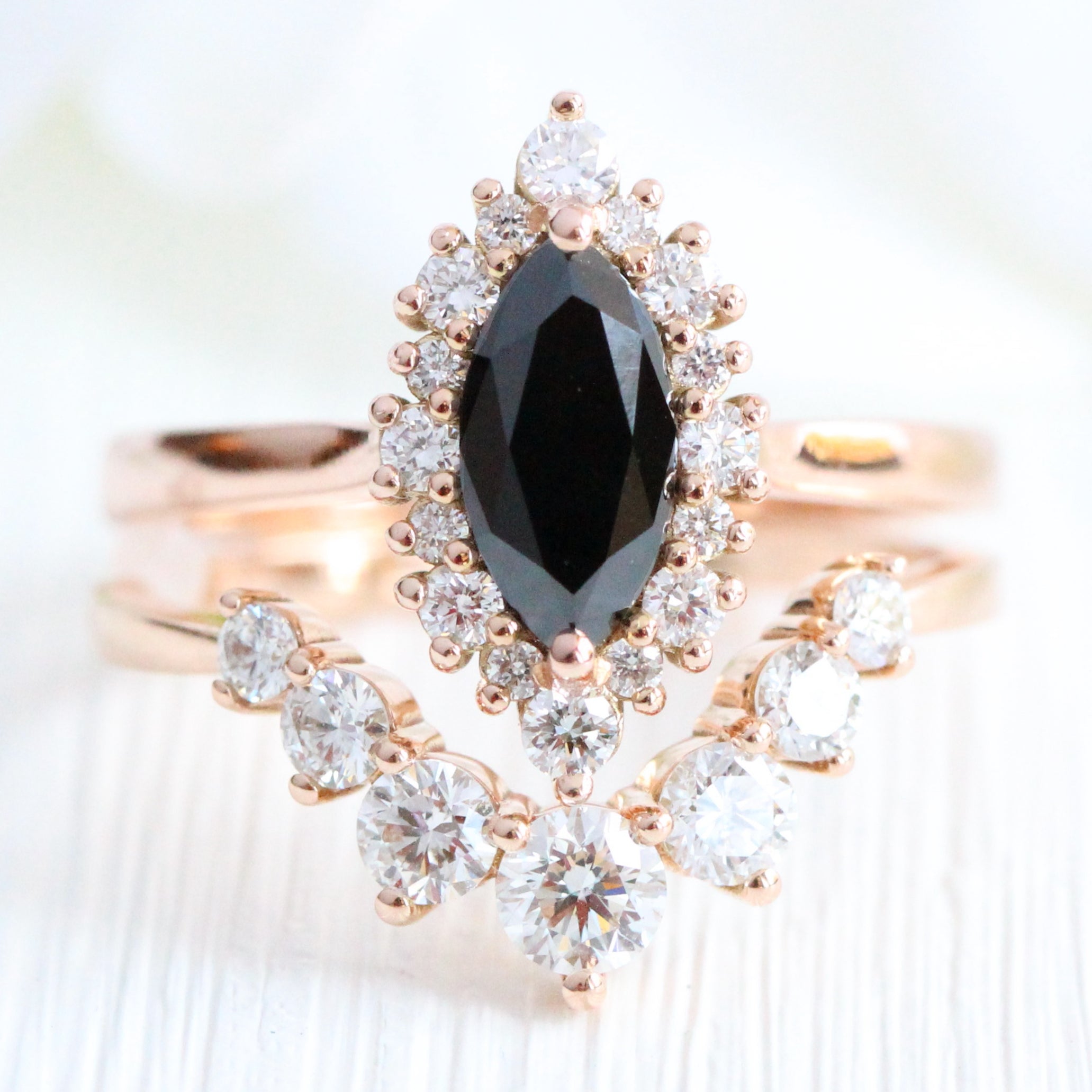 Unique marquise black diamond ring bridal set rose gold halo diamond engagement ring stack la more design jewelry