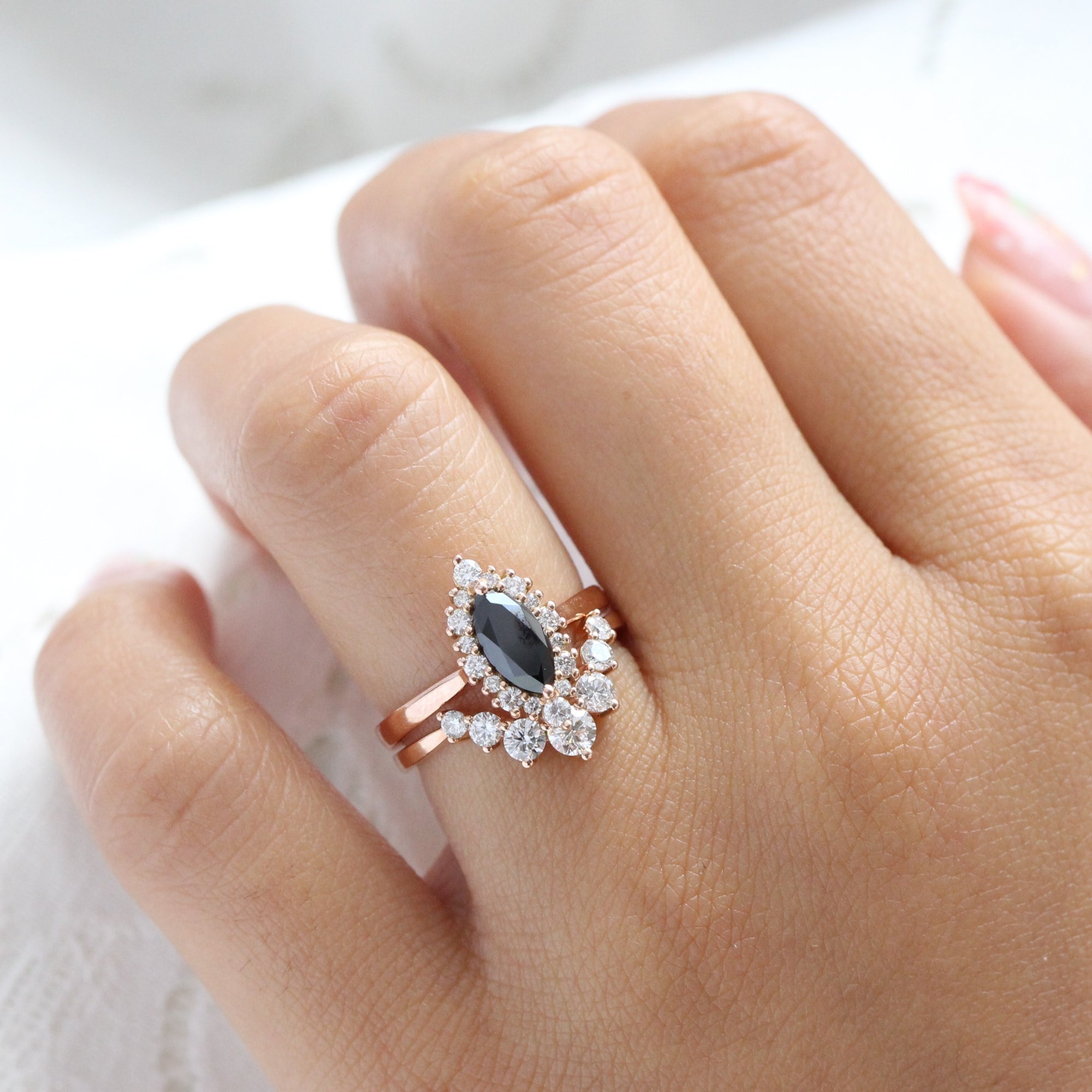 Unique marquise black diamond ring bridal set rose gold halo diamond engagement ring stack la more design jewelry