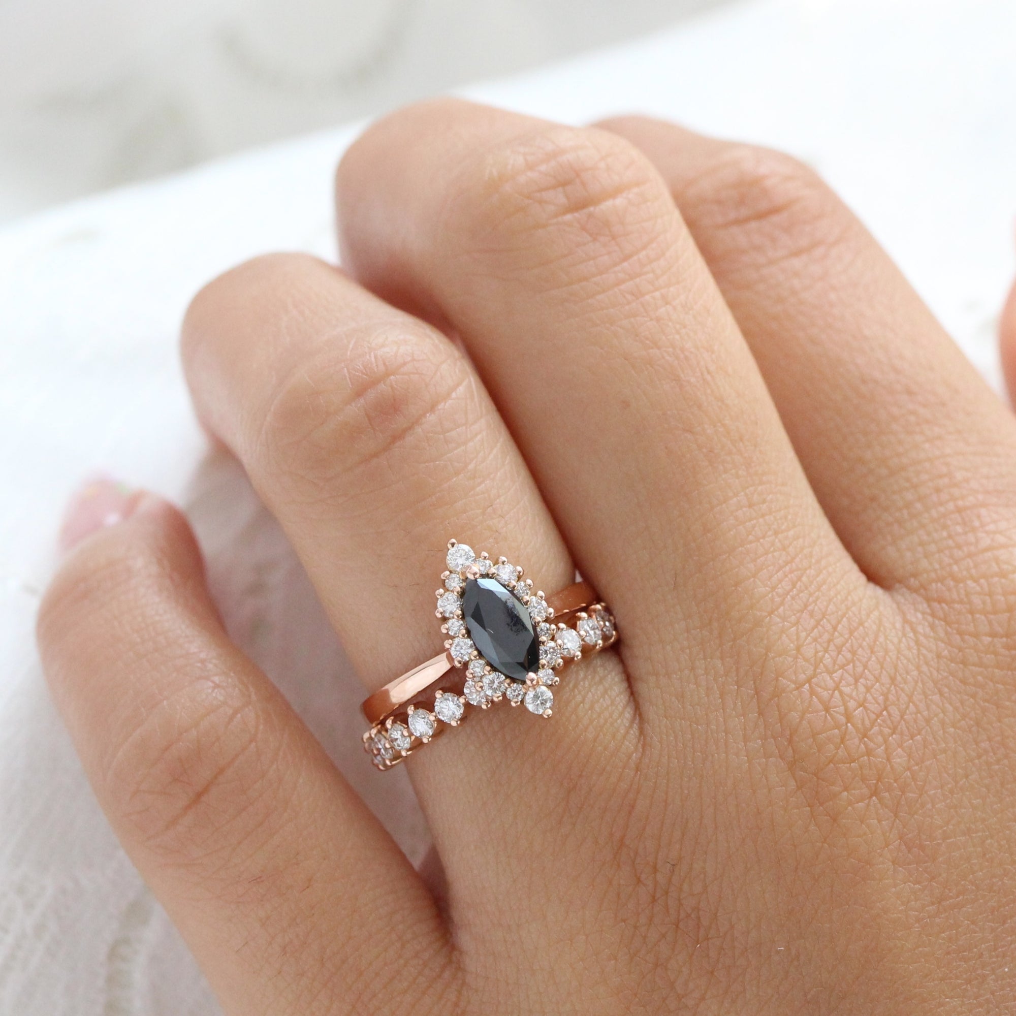 Unique marquise black diamond ring bridal set rose gold halo diamond engagement ring stack la more design jewelry