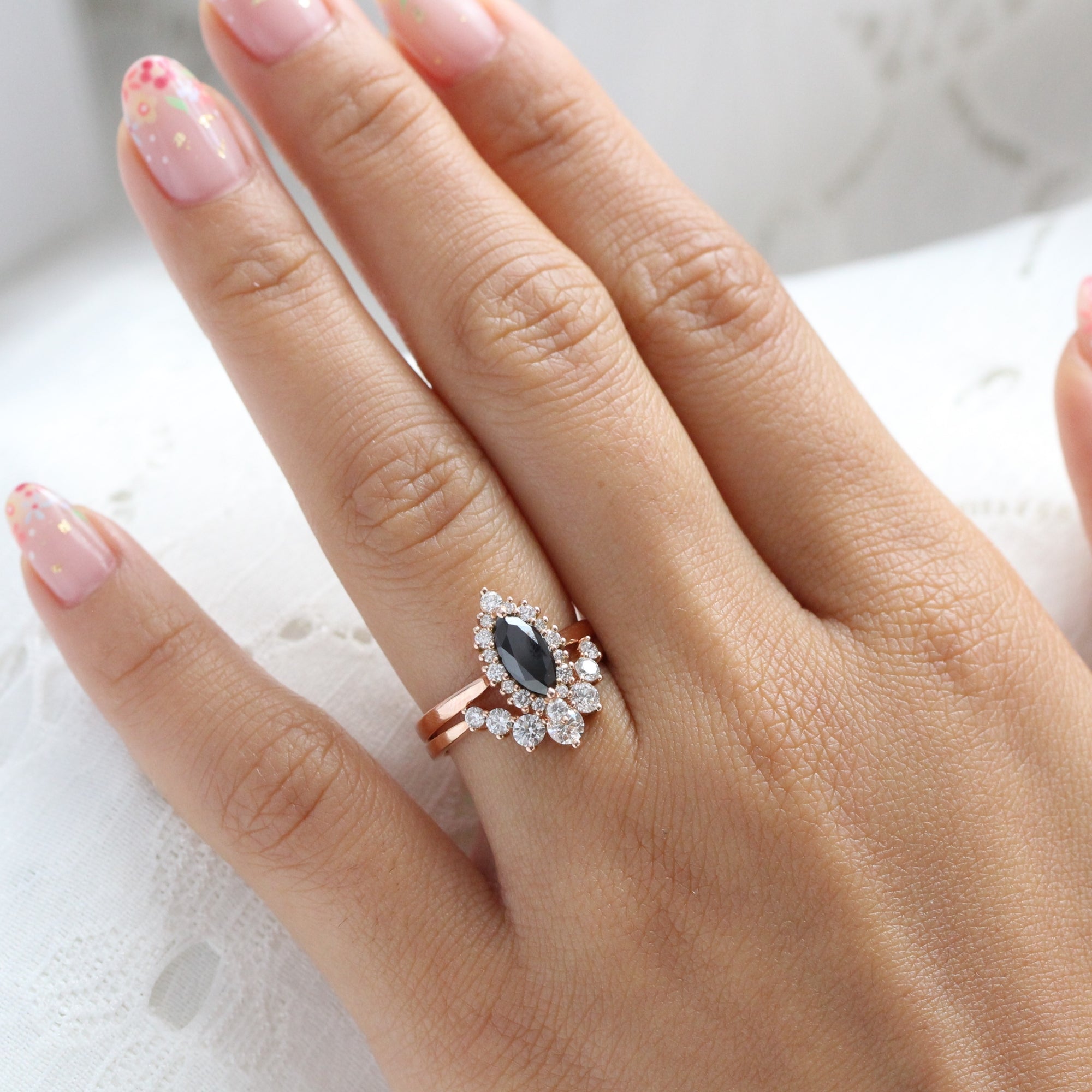 Unique marquise black diamond ring bridal set rose gold halo diamond engagement ring stack la more design jewelry