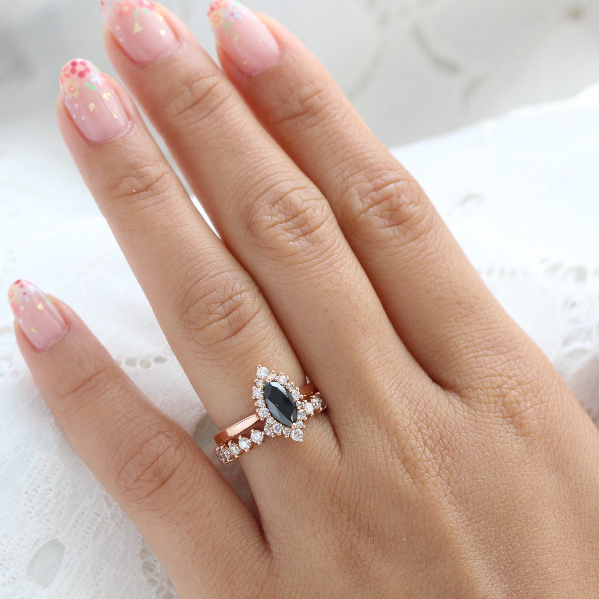 Unique marquise black diamond ring bridal set rose gold halo diamond engagement ring stack la more design jewelry