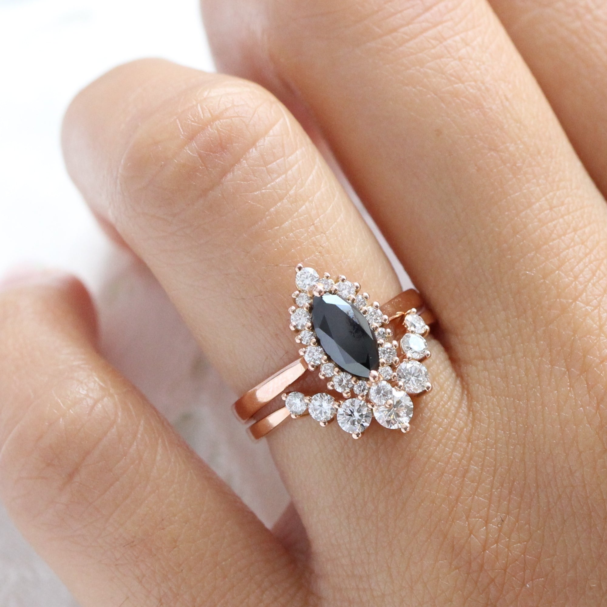 Unique marquise black diamond ring bridal set rose gold halo diamond engagement ring stack la more design jewelry