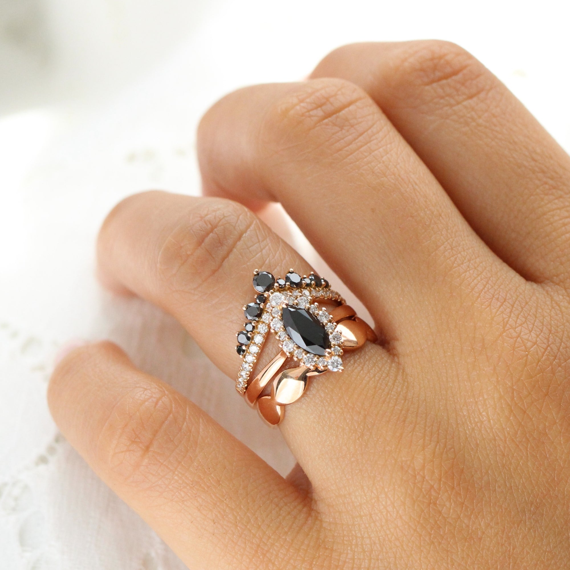 Unique marquise black diamond ring bridal set rose gold halo diamond engagement ring stack la more design jewelry