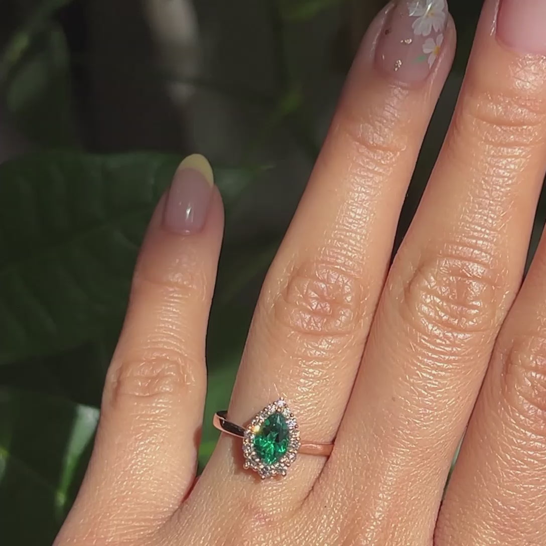 Pear emerald ring rose gold halo diamond ring la more design jewelry