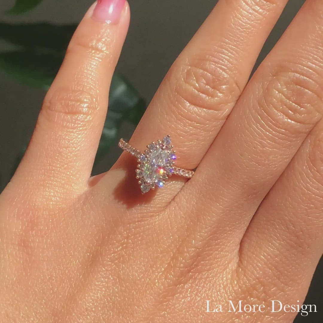 marquise moissanite engagement ring rose gold halo diamond pave band la more design jewelry