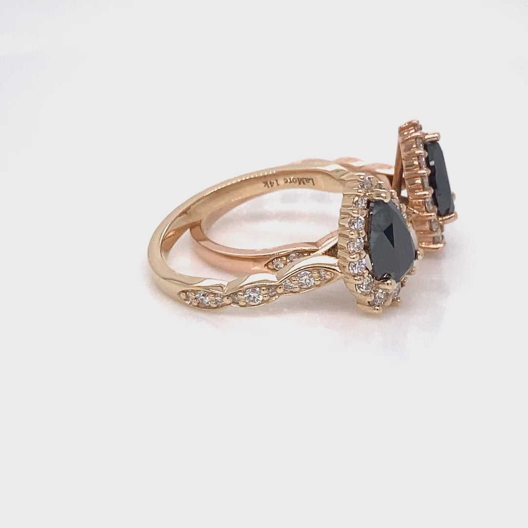 Pear black diamond engagement ring rose gold large halo ring la more design jewelry