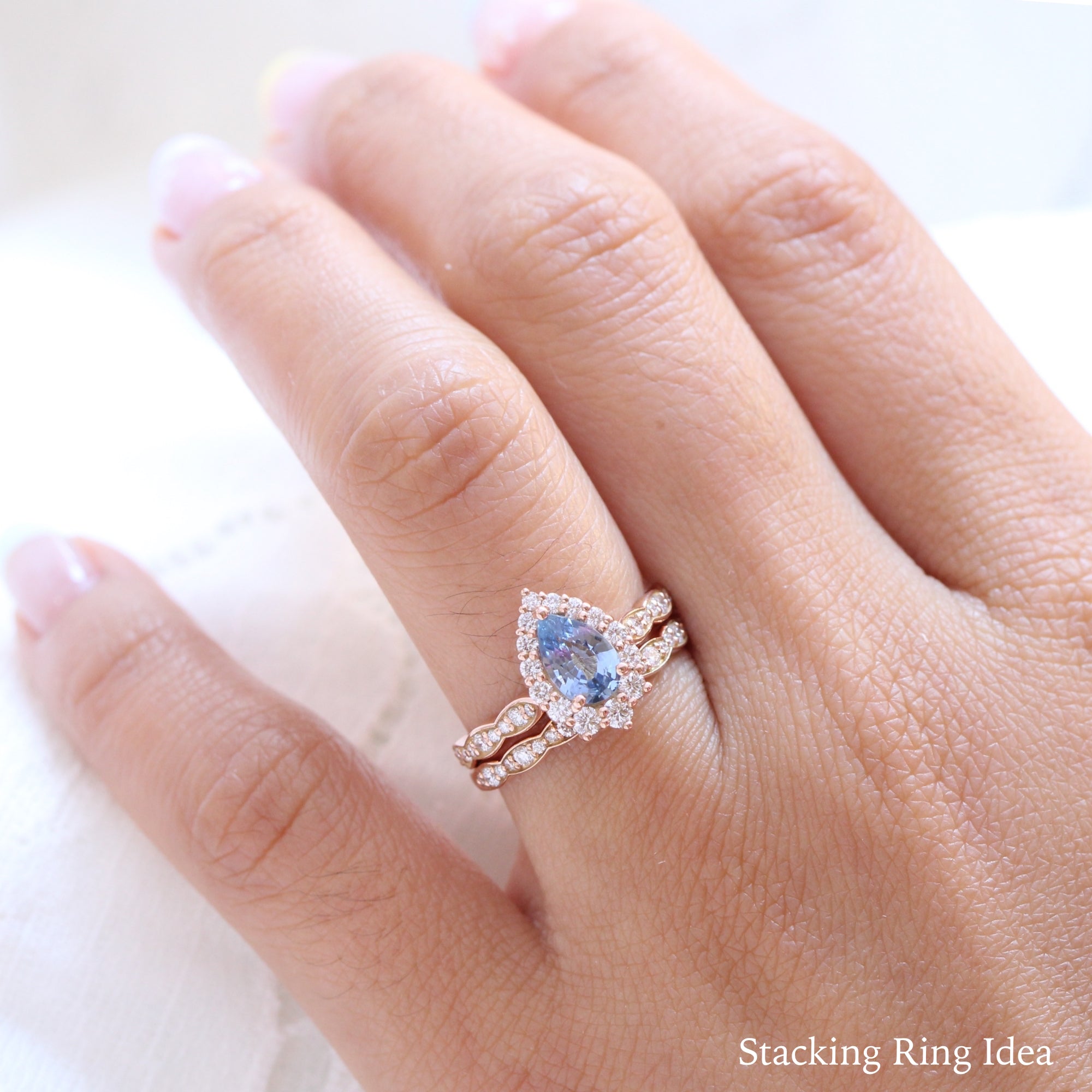 aqua blue sapphire ring rose gold halo diamond pear engagement ring la more design jewelry