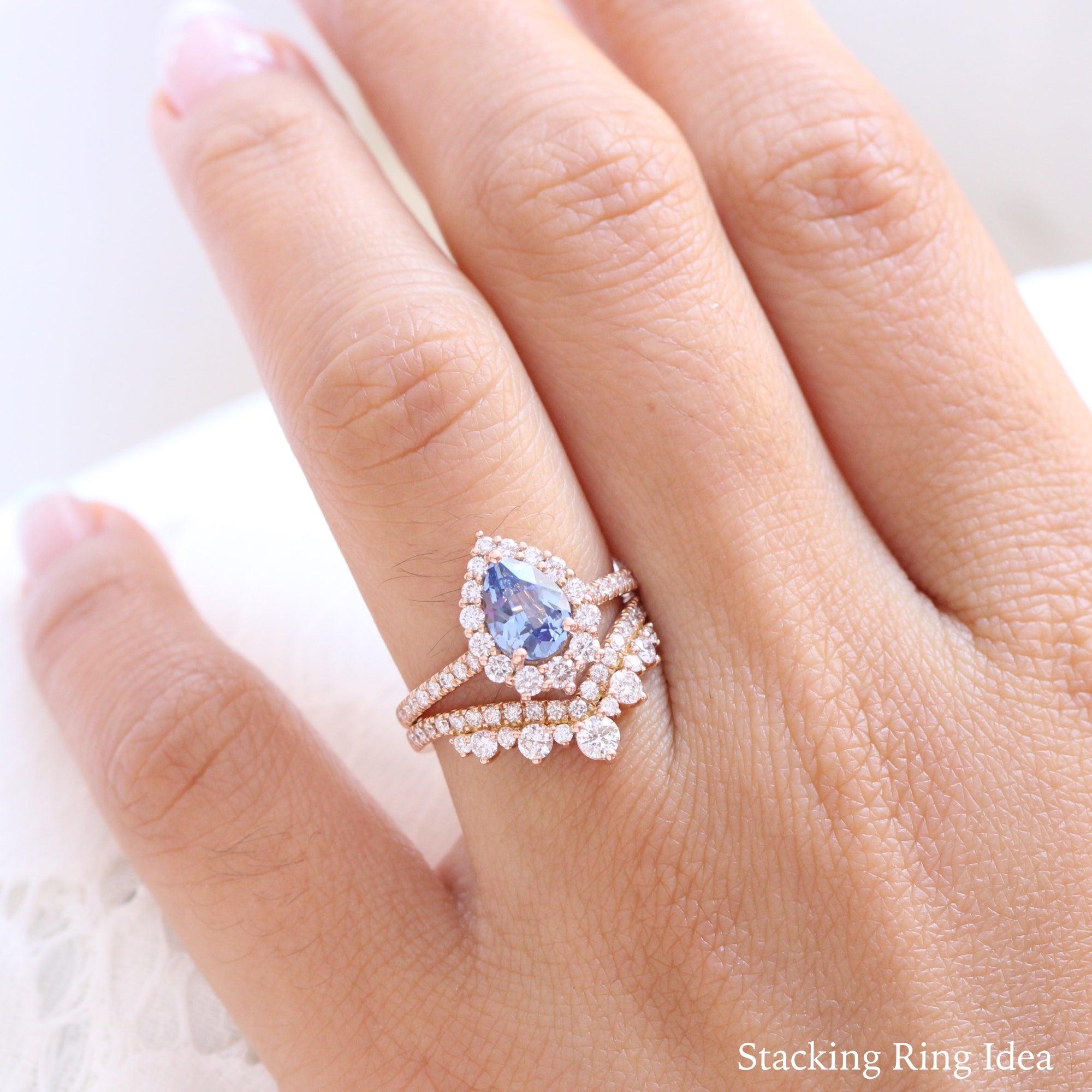 aqua blue sapphire ring rose gold halo diamond pear engagement ring la more design jewelry