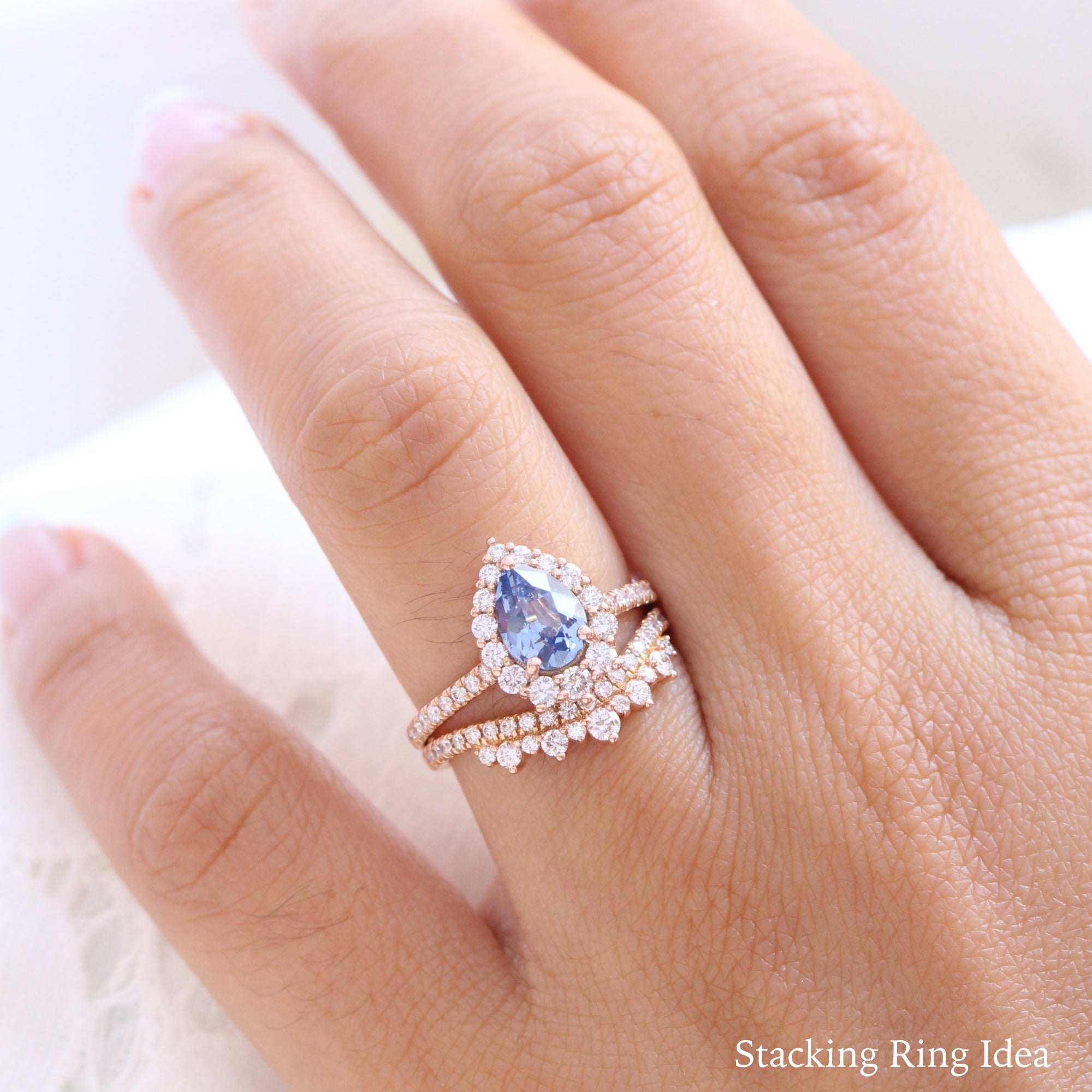 aqua blue sapphire ring rose gold halo diamond pear engagement ring la more design jewelry