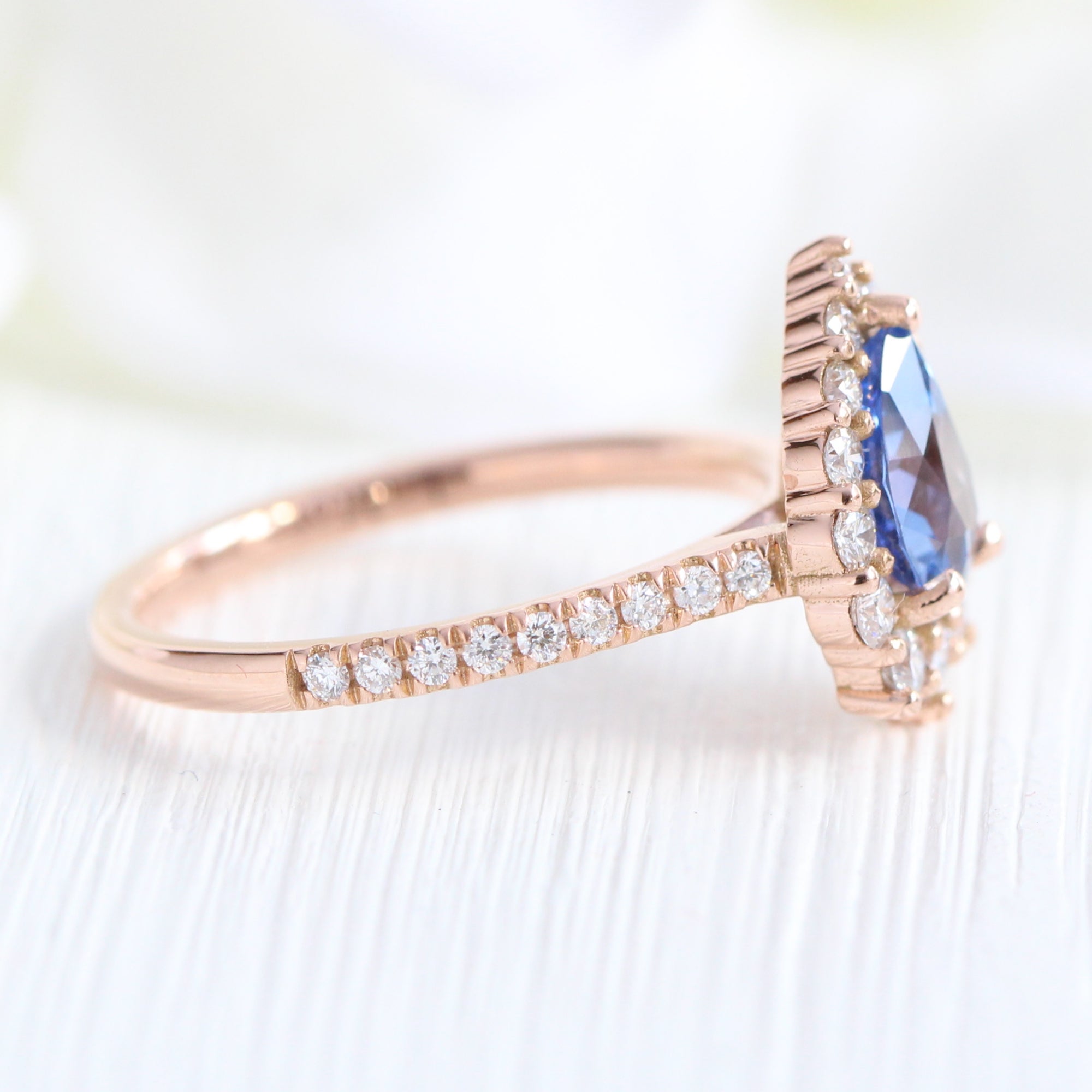 aqua blue sapphire ring rose gold halo diamond pear engagement ring la more design jewelry