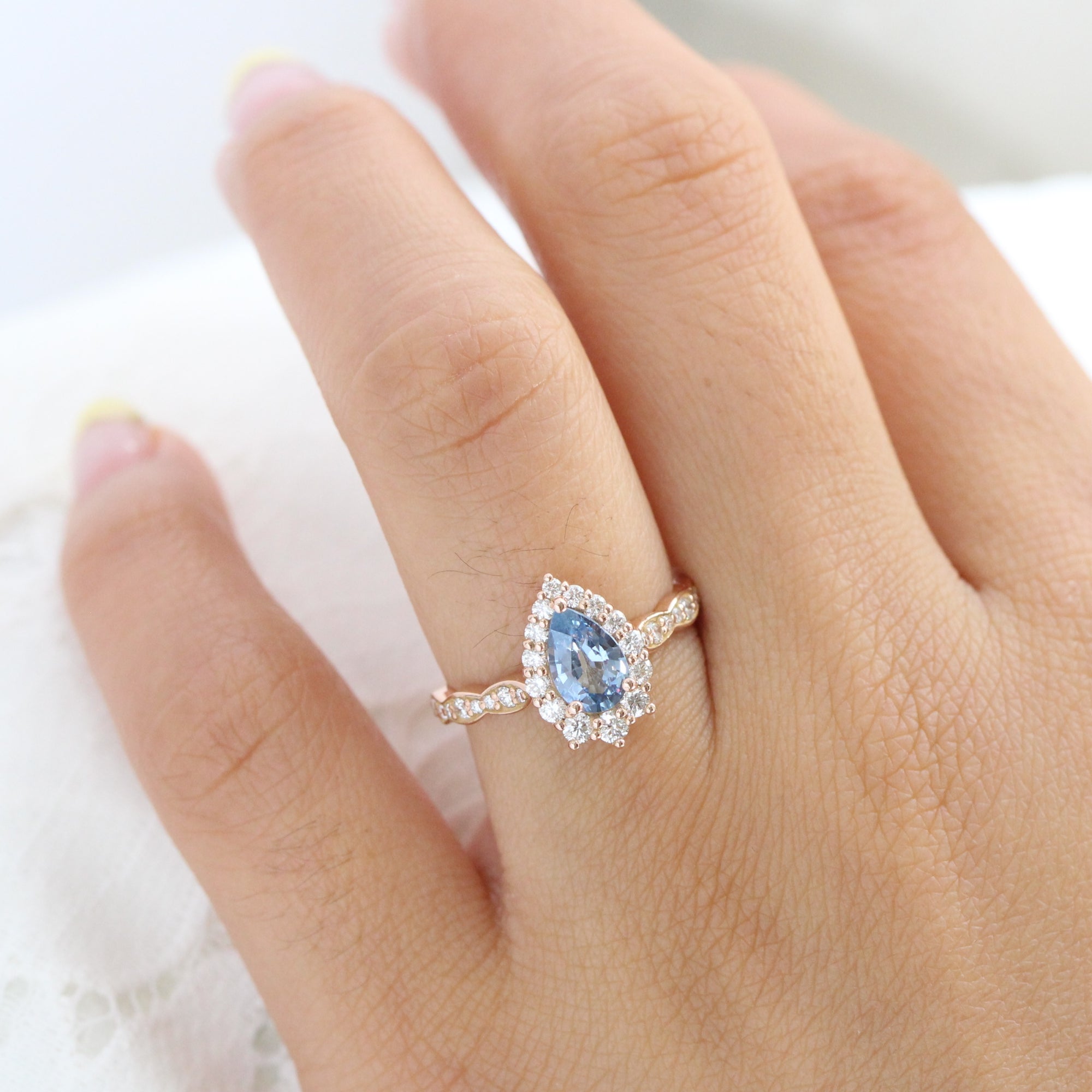 aqua blue sapphire ring rose gold halo diamond pear engagement ring la more design jewelry