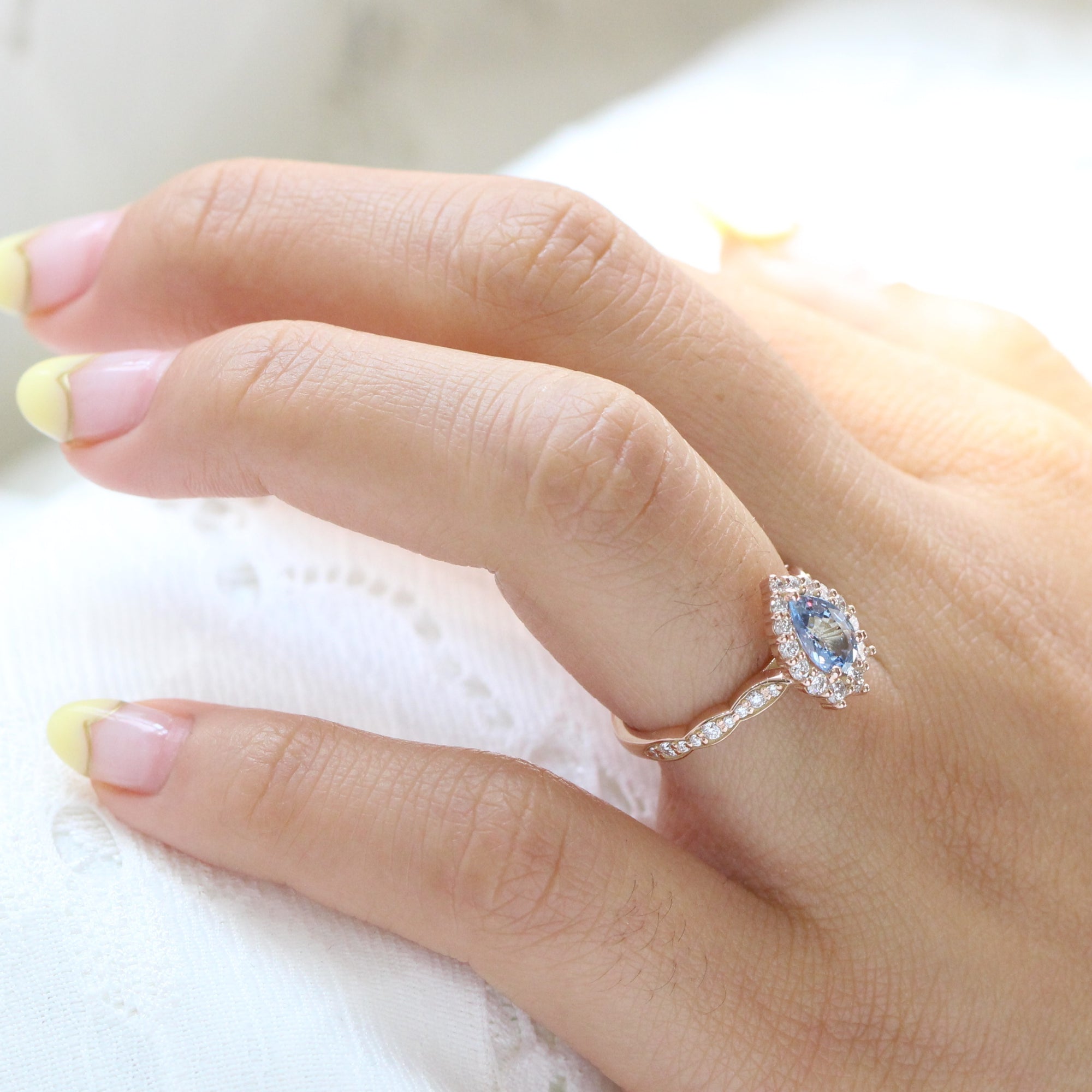 aqua blue sapphire ring rose gold halo diamond pear engagement ring la more design jewelry