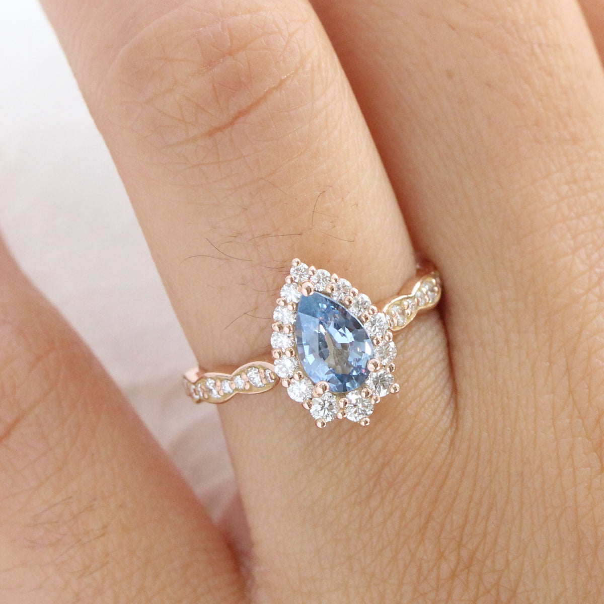 aqua blue sapphire ring rose gold halo diamond pear engagement ring la more design jewelry