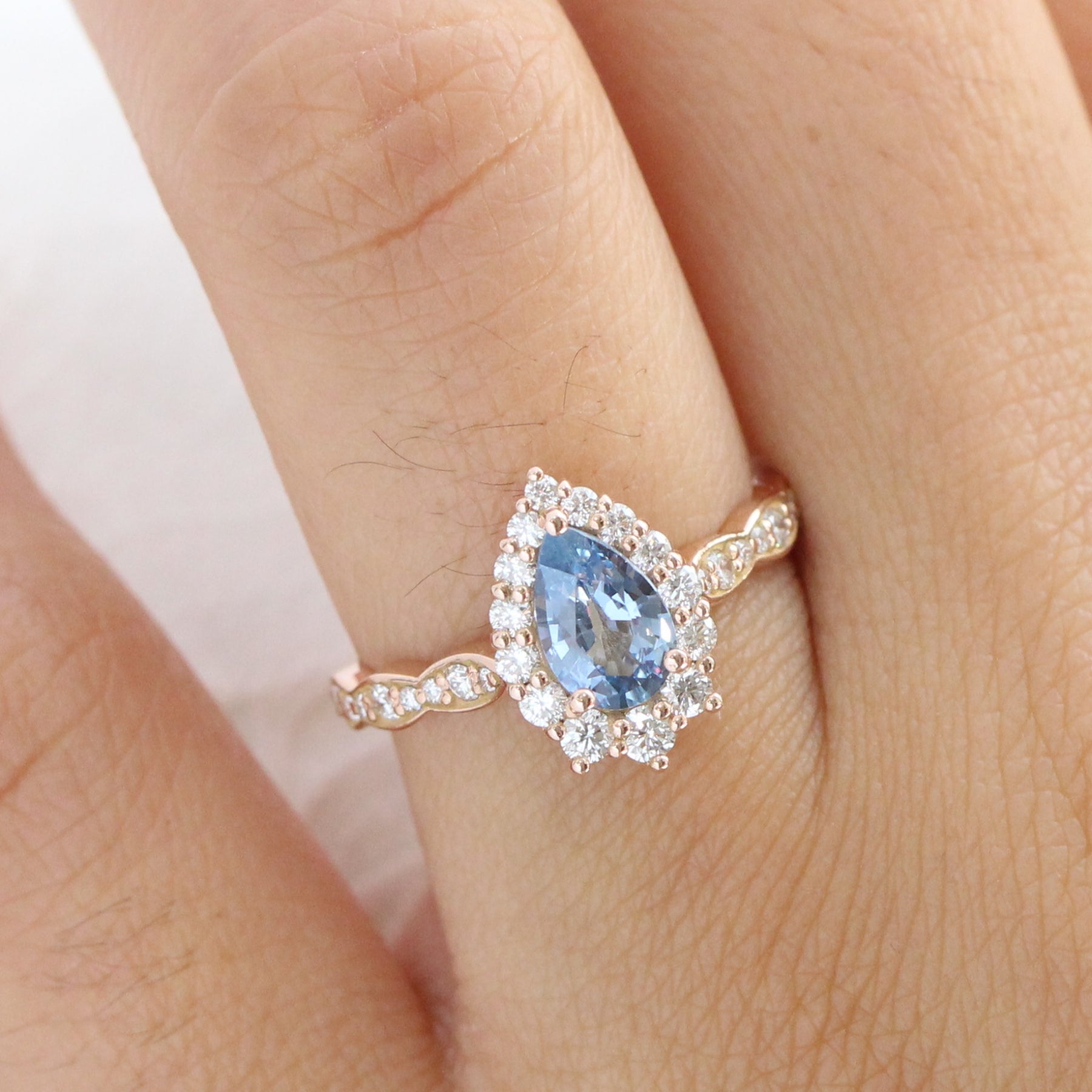 aqua blue sapphire ring rose gold halo diamond pear engagement ring la more design jewelry