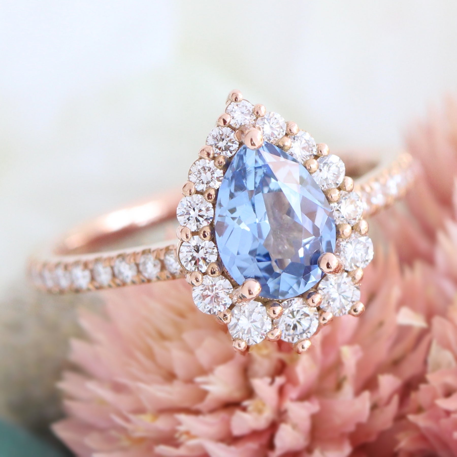 aqua blue sapphire ring rose gold halo diamond pear engagement ring la more design jewelry